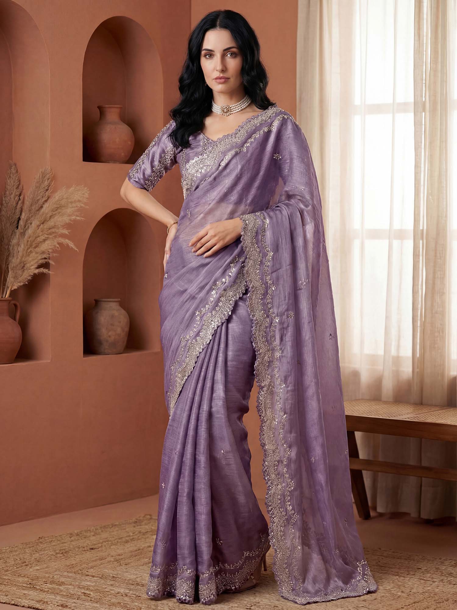 Lavender Sequined Embroidered Scalloped Border Chiffon Saree with Unstitched Blouse