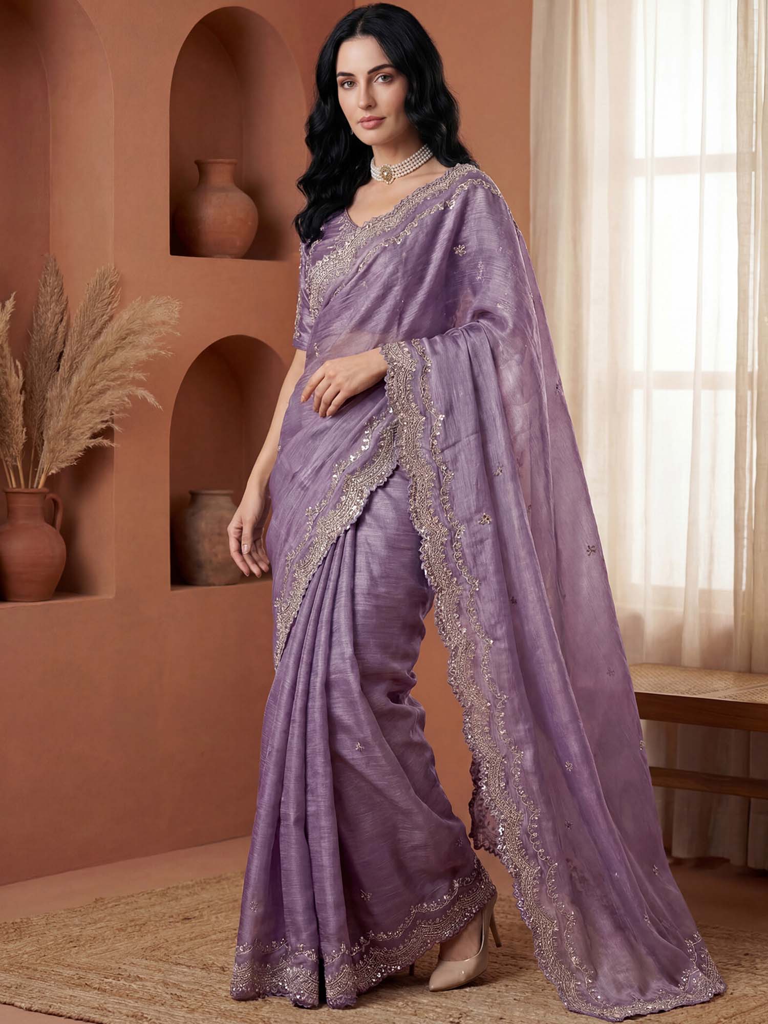 Lavender Sequined Embroidered Scalloped Border Chiffon Saree with Unstitched Blouse