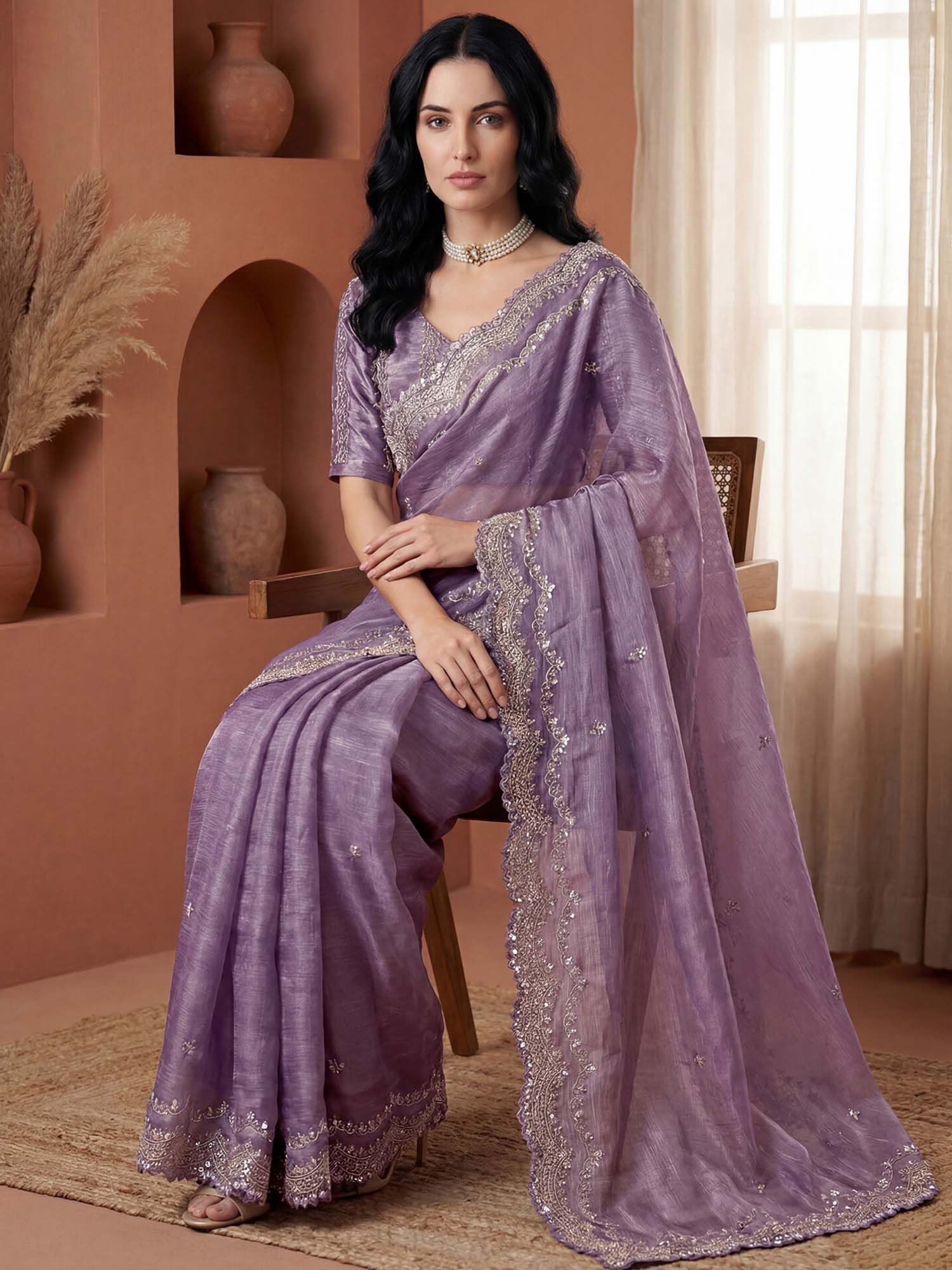 Lavender Sequined Embroidered Scalloped Border Chiffon Saree with Unstitched Blouse