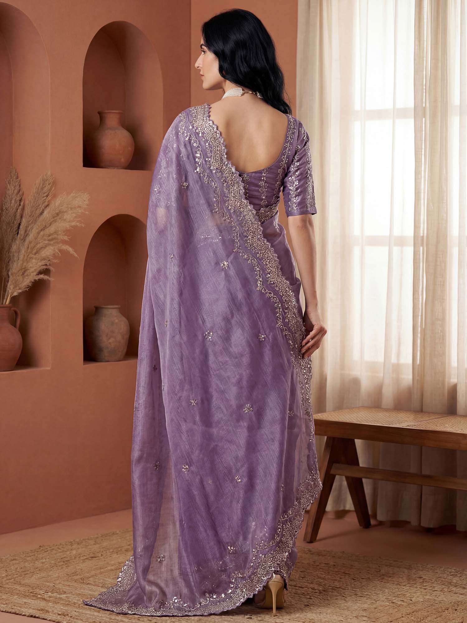 Lavender Sequined Embroidered Scalloped Border Chiffon Saree with Unstitched Blouse