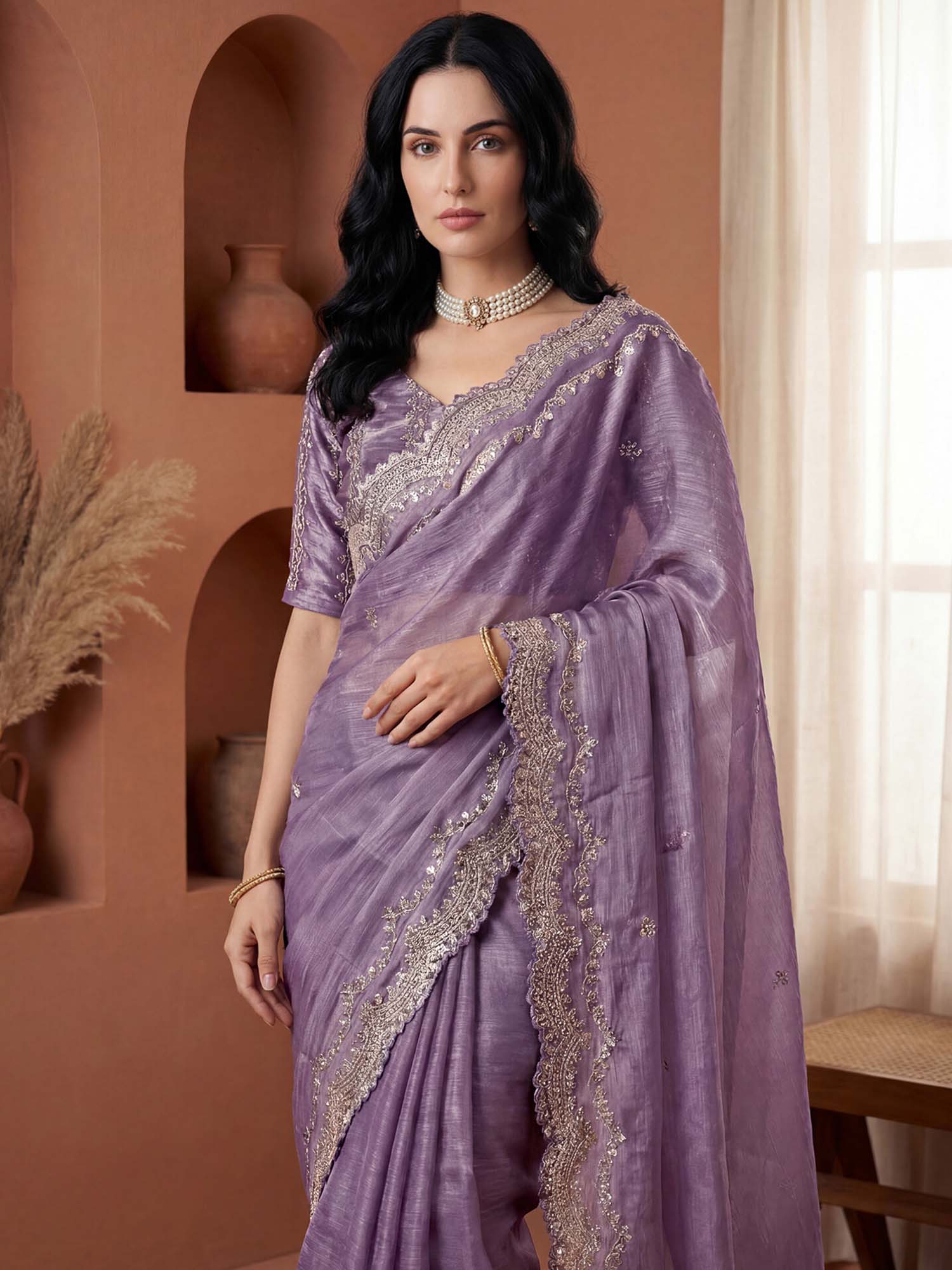 Lavender Sequined Embroidered Scalloped Border Chiffon Saree with Unstitched Blouse