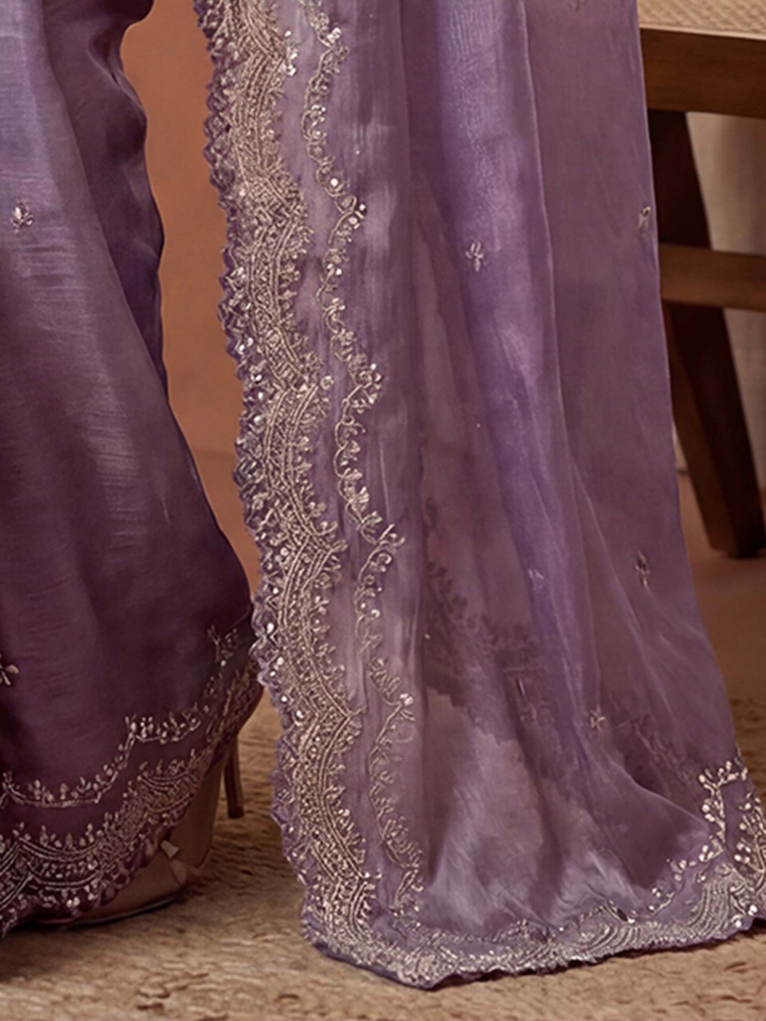 Lavender Sequined Embroidered Scalloped Border Chiffon Saree with Unstitched Blouse