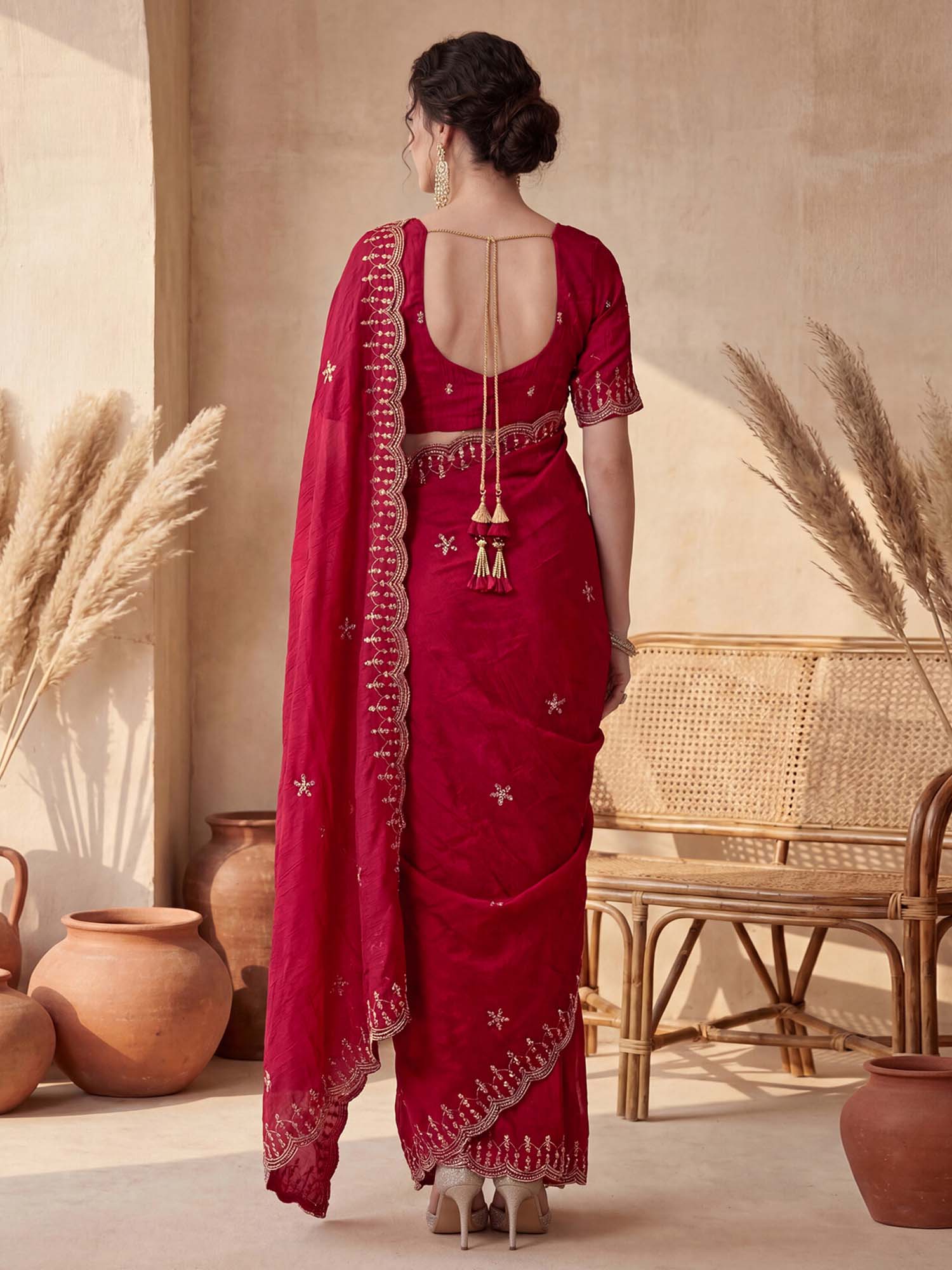 Red Sequined Embroidered Scalloped Border Satin Saree with Unstitched Blouse