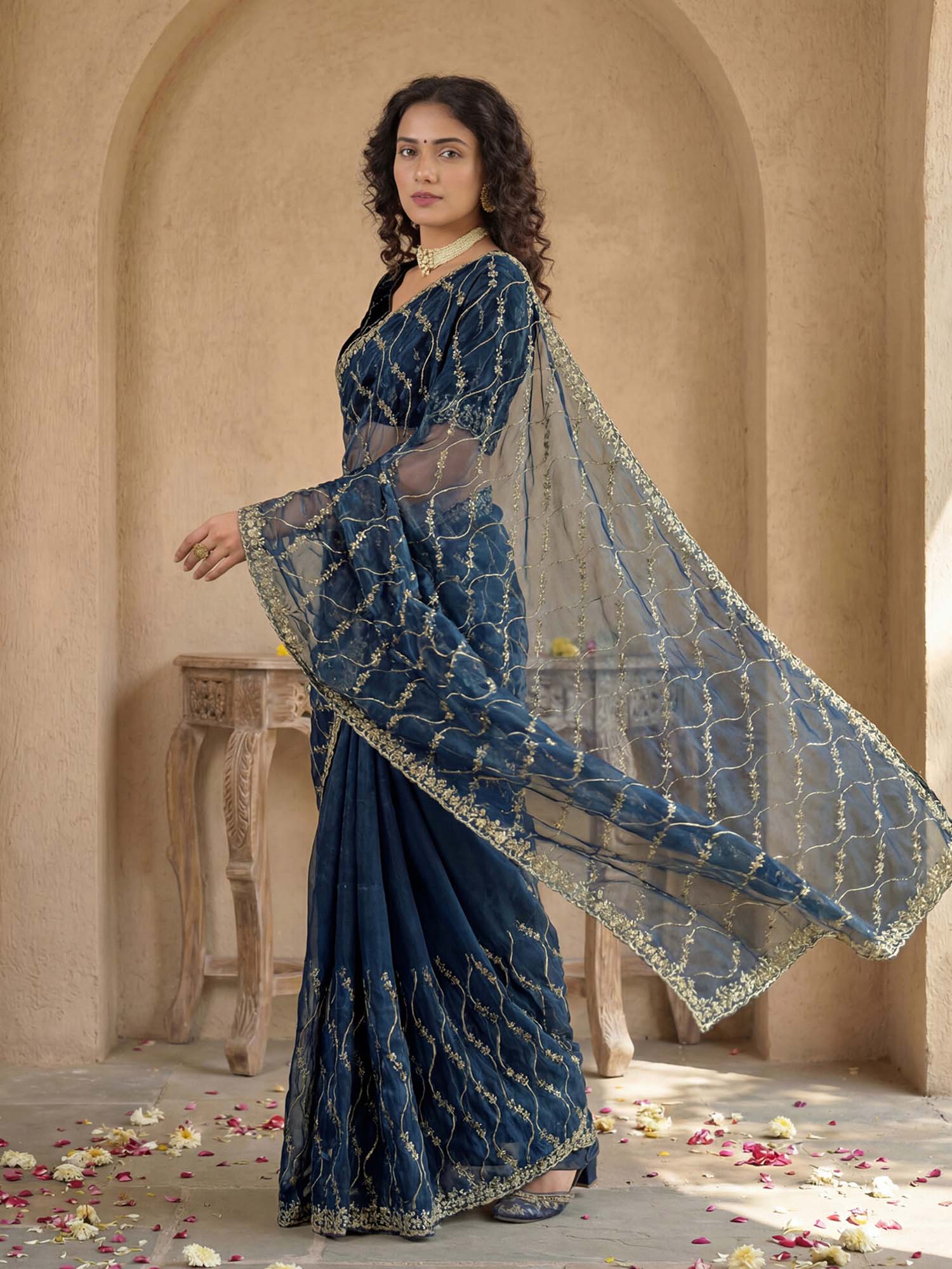 Teal Sequined Embroidered Net Saree with Unstitched Blouse