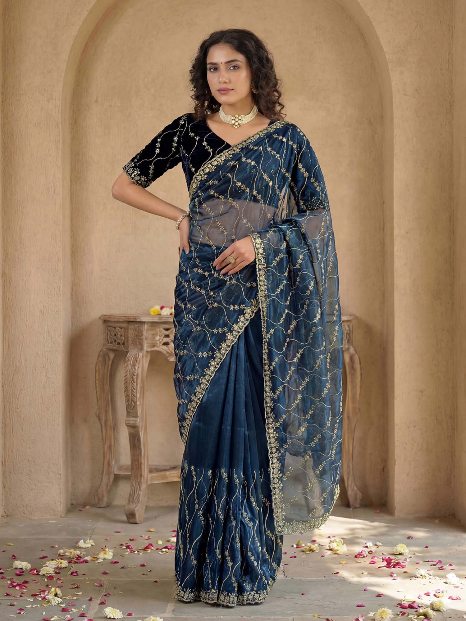 Teal Sequined Embroidered Net Saree with Unstitched Blouse
