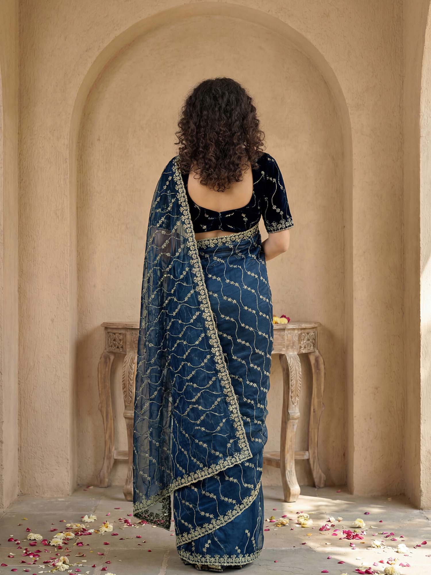 Teal Sequined Embroidered Net Saree with Unstitched Blouse