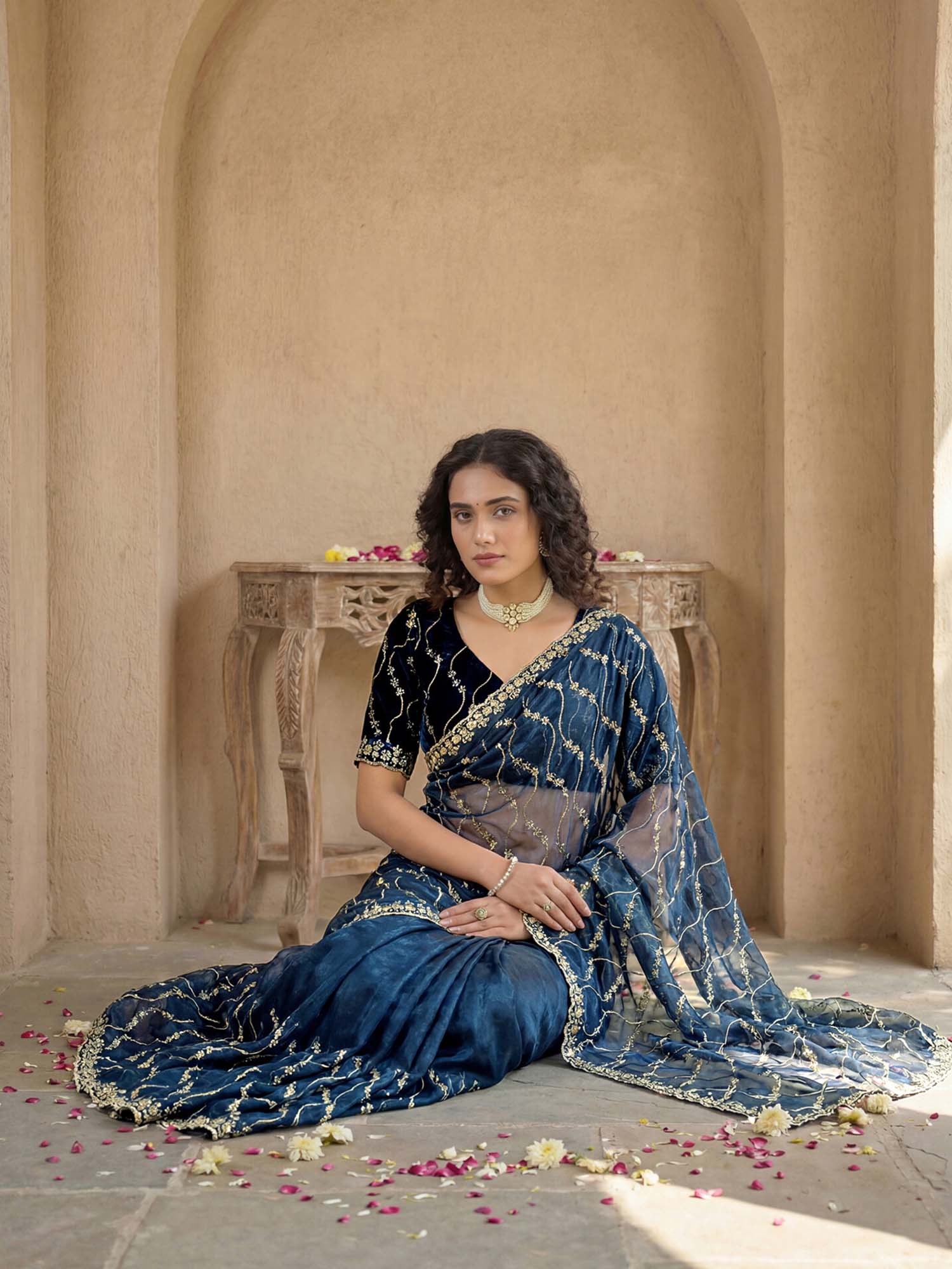 Teal Sequined Embroidered Net Saree with Unstitched Blouse