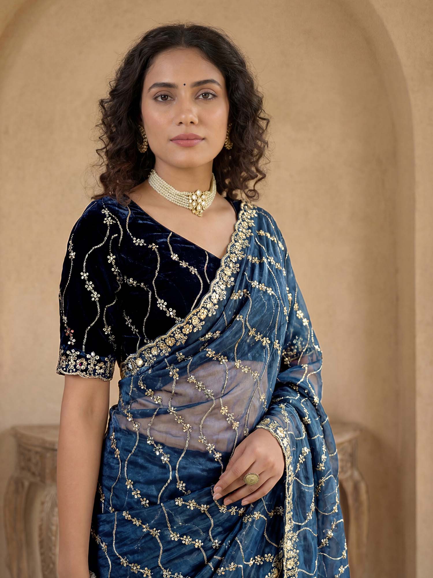 Teal Sequined Embroidered Net Saree with Unstitched Blouse