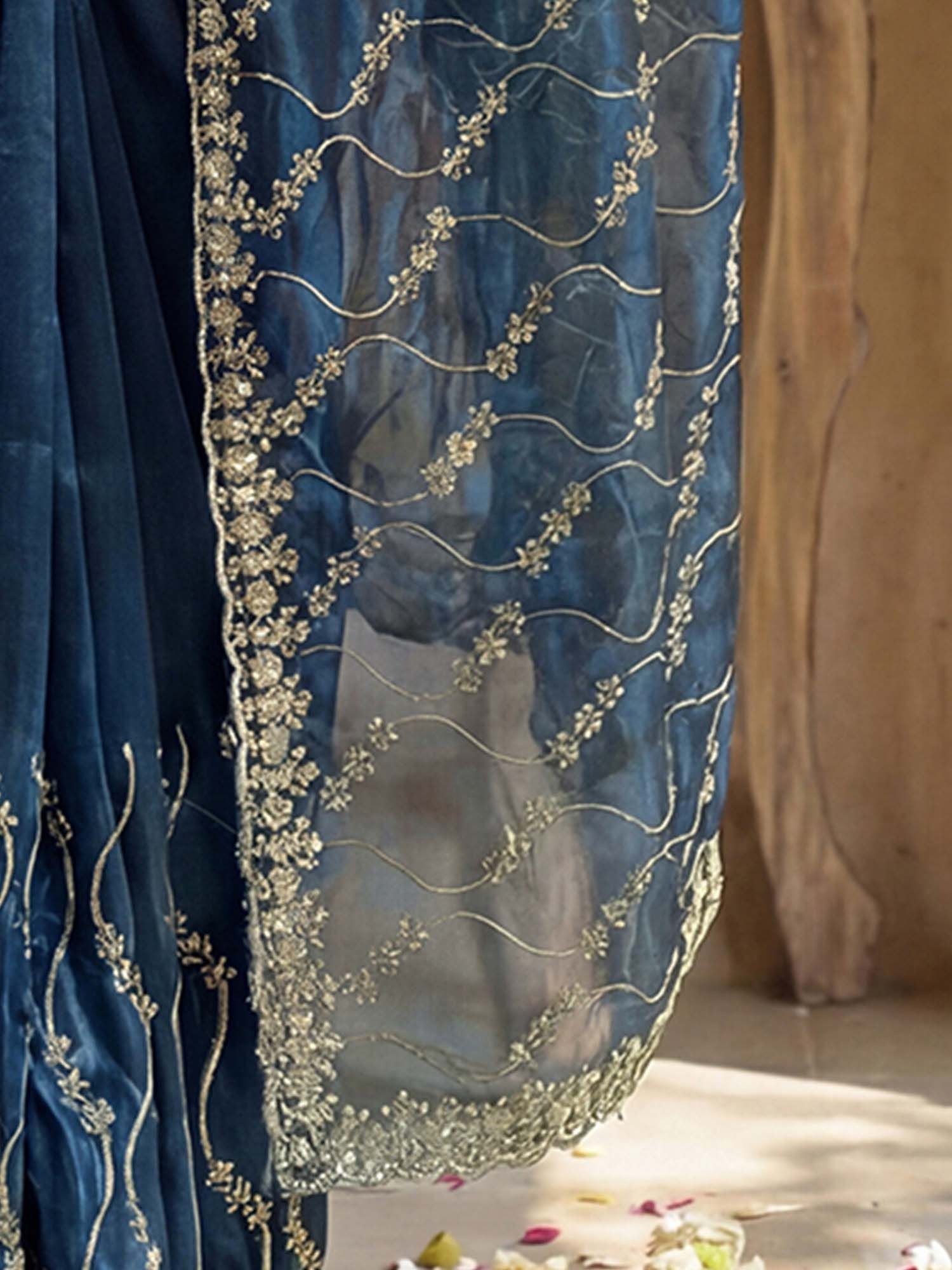 Teal Sequined Embroidered Net Saree with Unstitched Blouse
