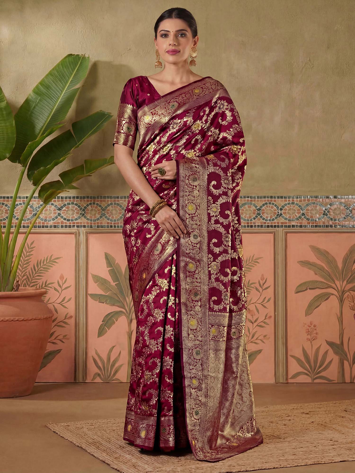 Maroon Zari Woven Weaving Silk Saree with Unstitched Blouse