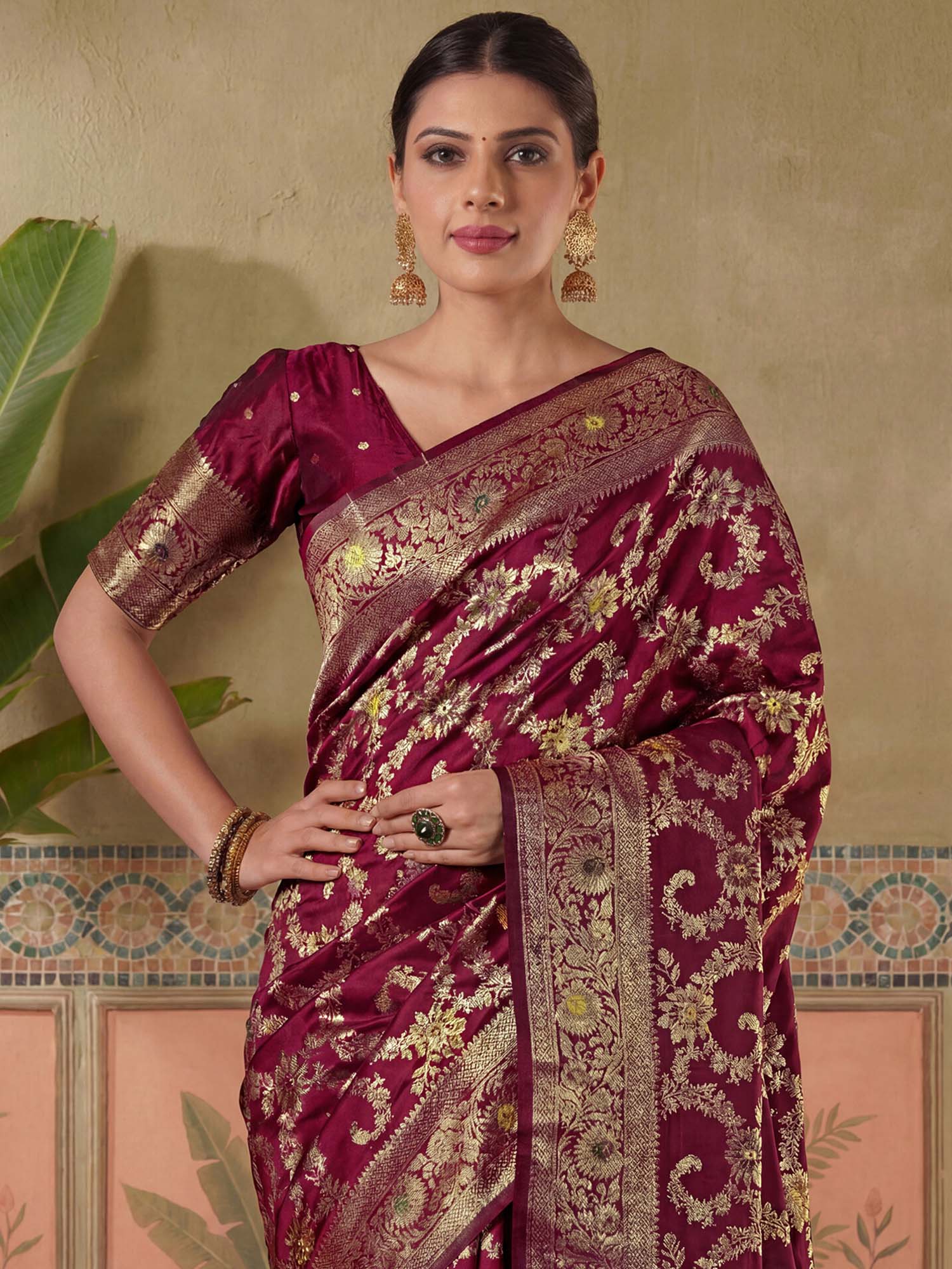 Maroon Zari Woven Weaving Silk Saree with Unstitched Blouse