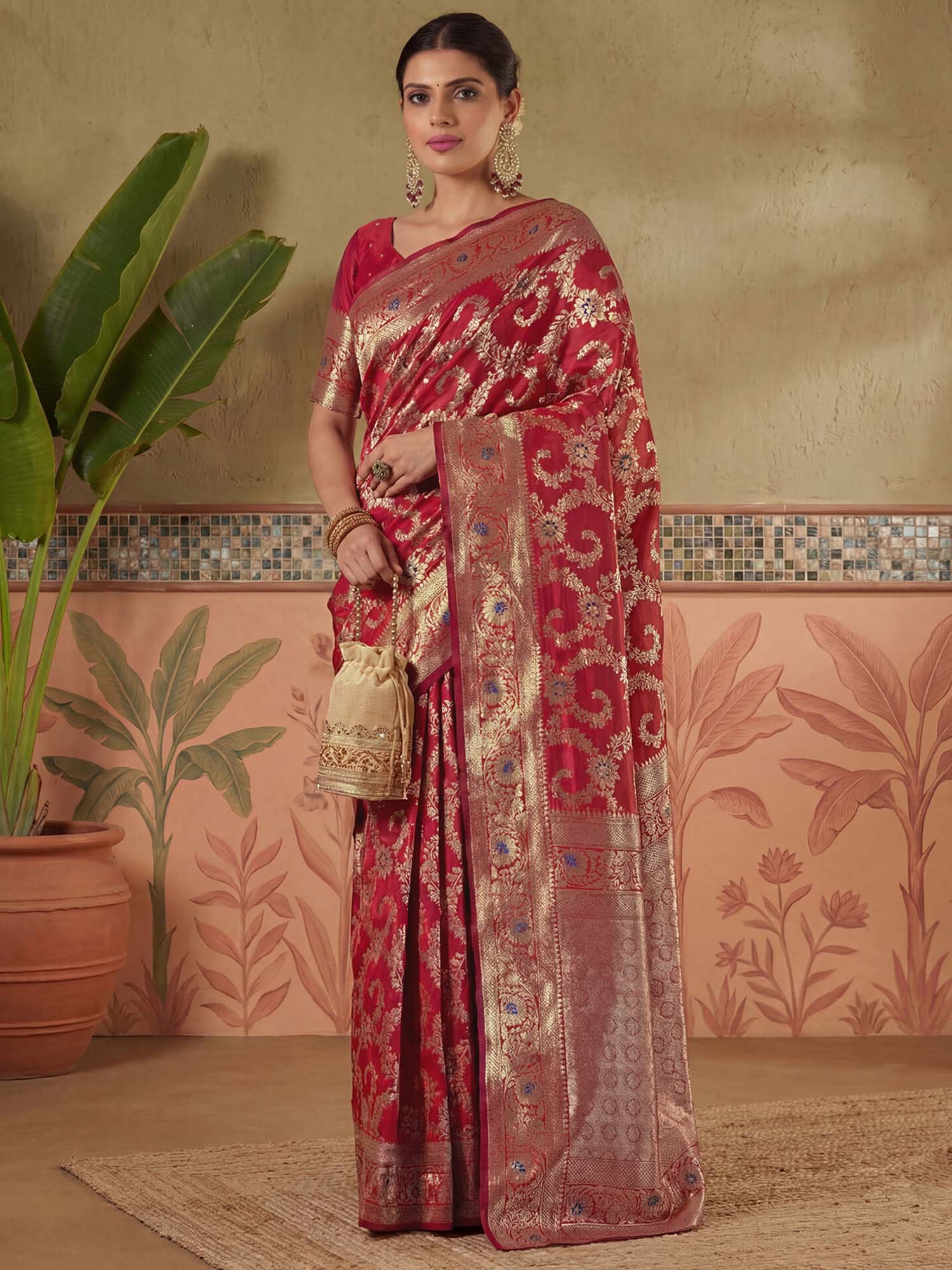 Red Zari Woven Weaving Silk Saree with Unstitched Blouse