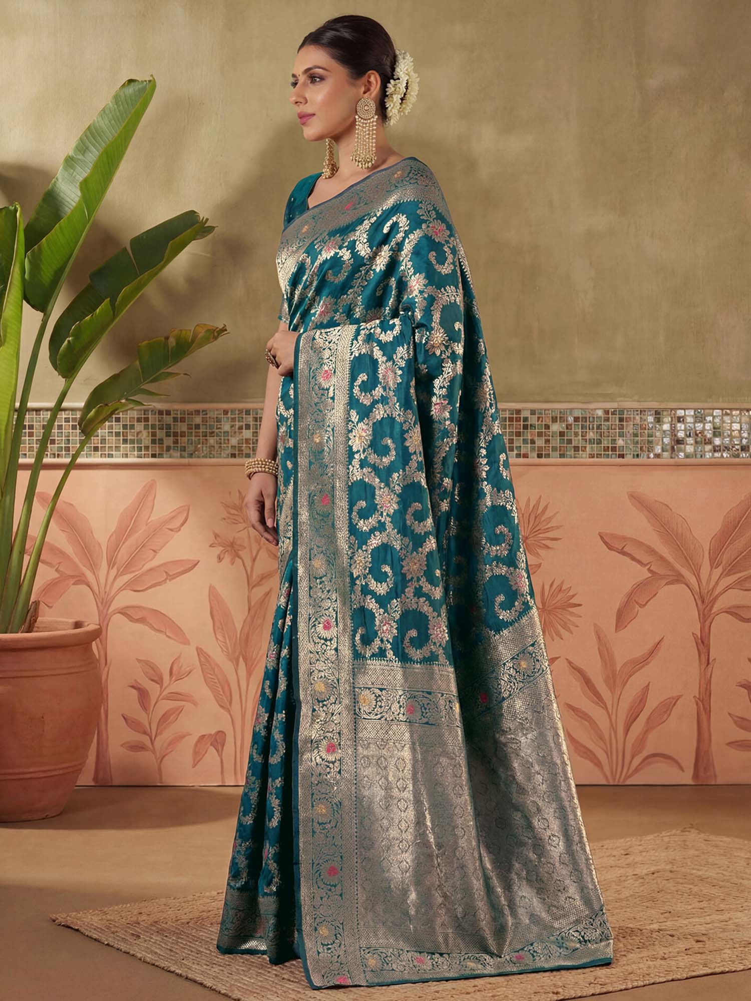 Teal Zari Woven Weaving Silk Saree with Unstitched Blouse