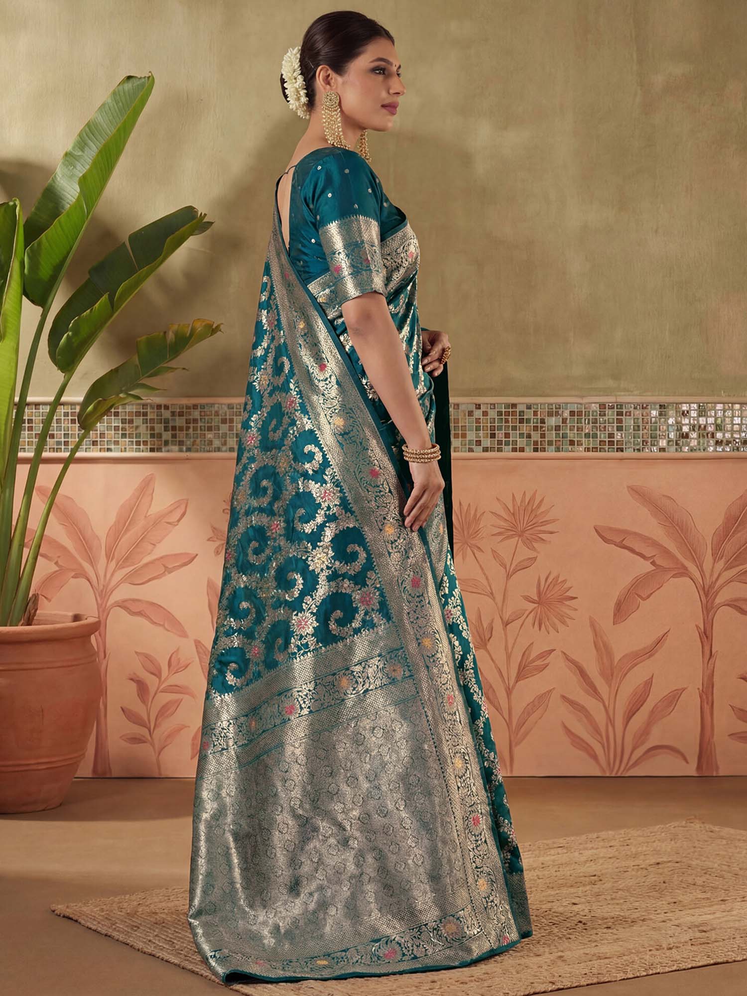 Teal Zari Woven Weaving Silk Saree with Unstitched Blouse