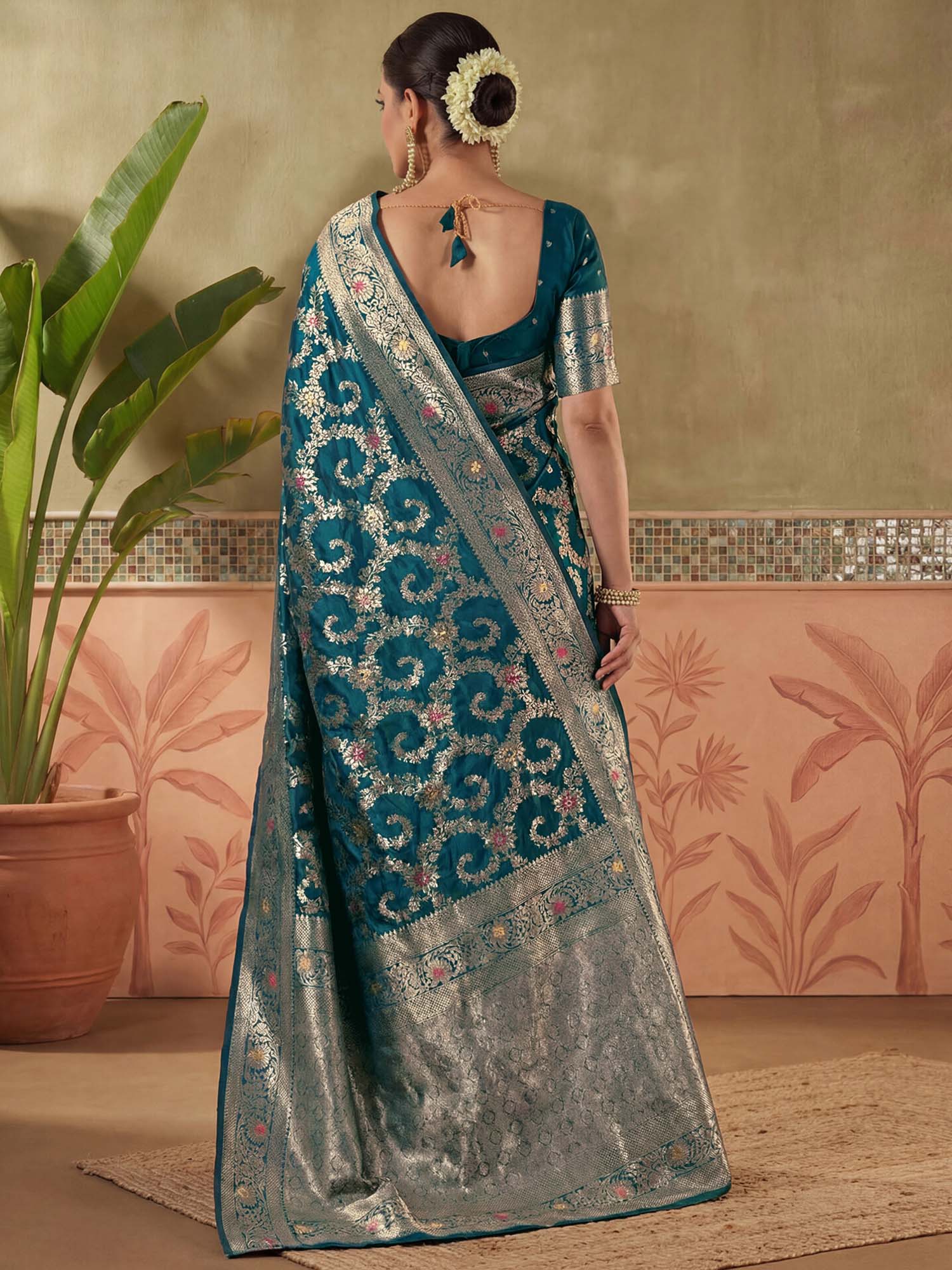 Teal Zari Woven Weaving Silk Saree with Unstitched Blouse