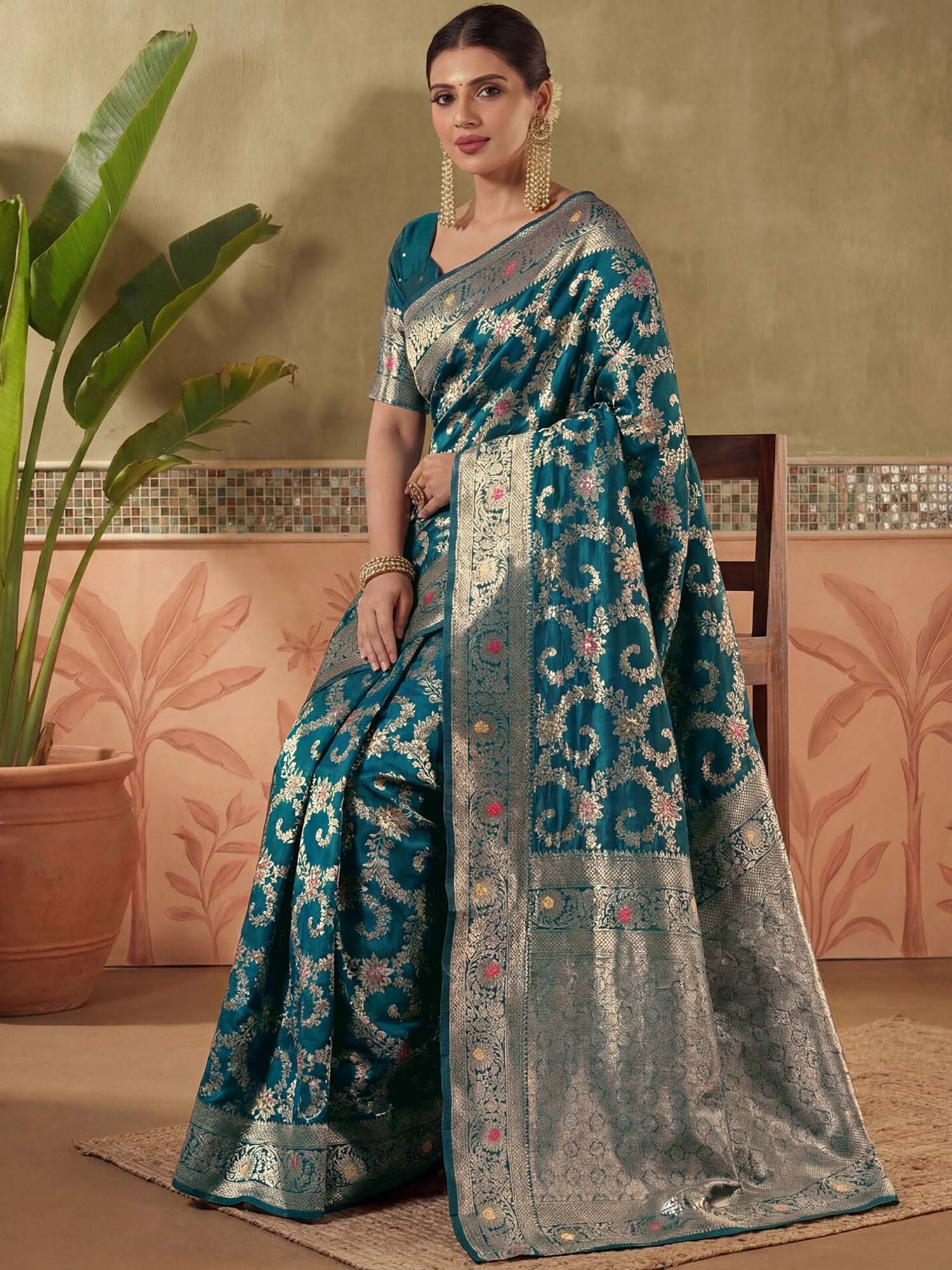 Teal Zari Woven Weaving Silk Saree with Unstitched Blouse