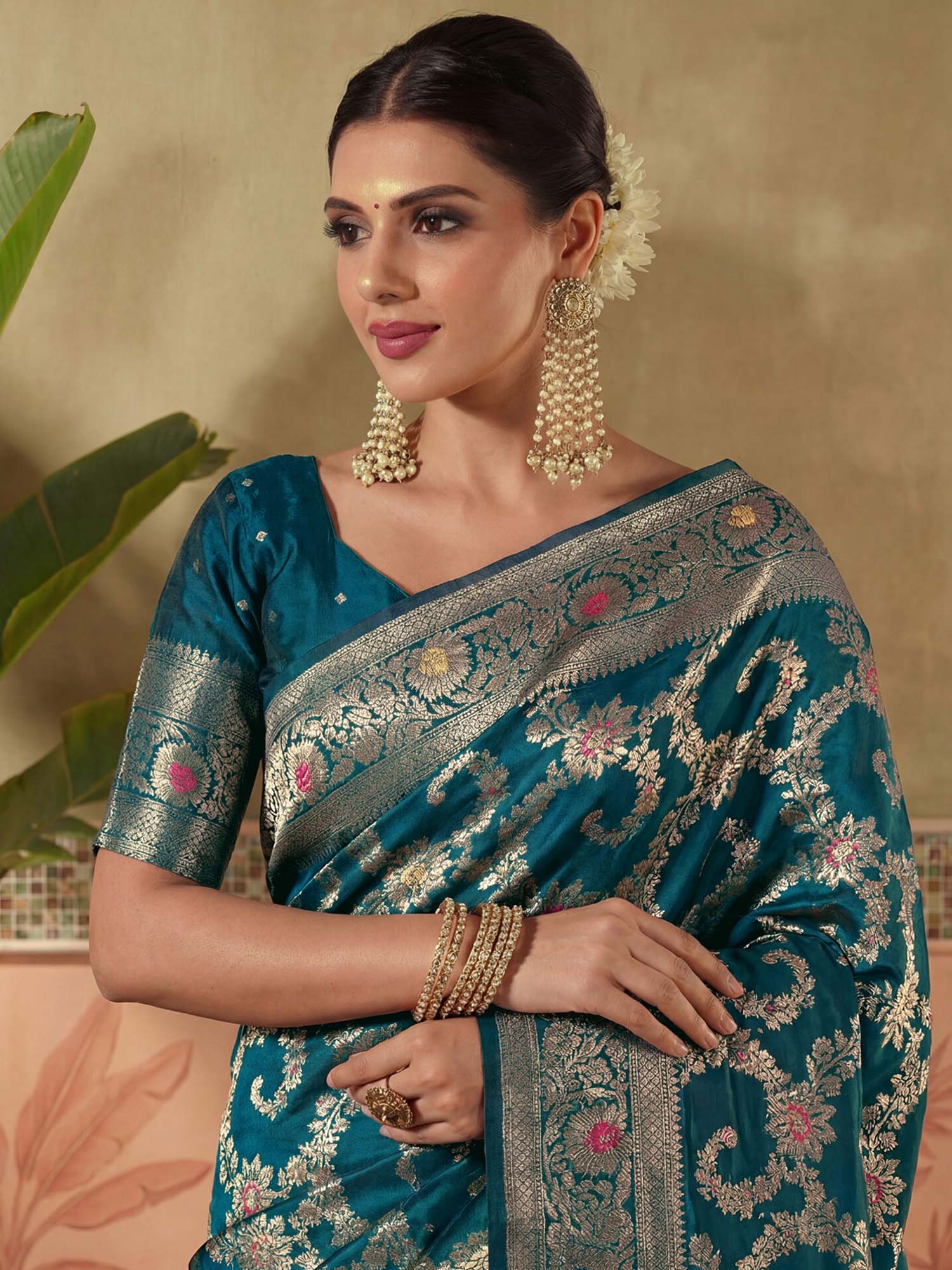 Teal Zari Woven Weaving Silk Saree with Unstitched Blouse