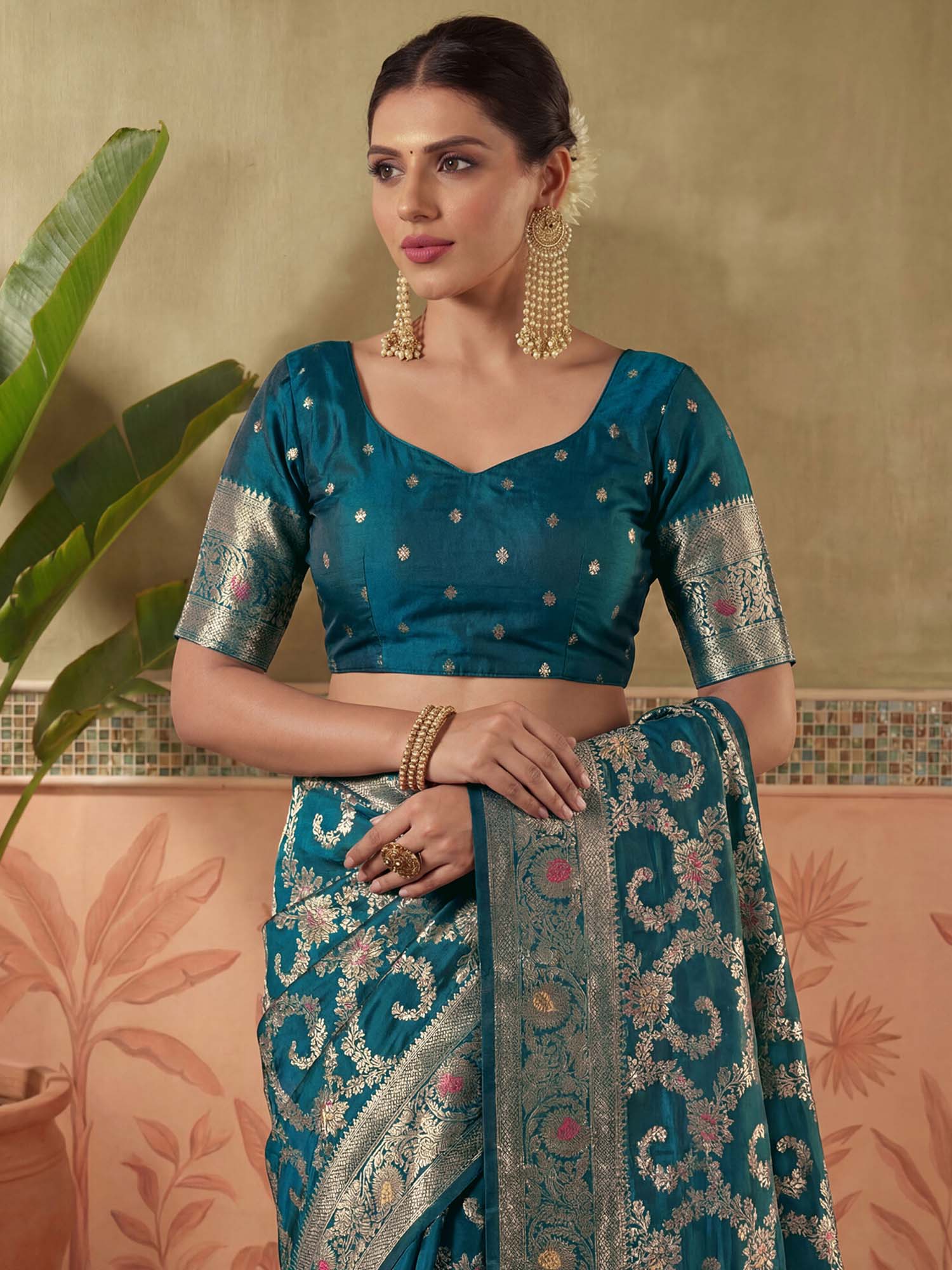 Teal Zari Woven Weaving Silk Saree with Unstitched Blouse