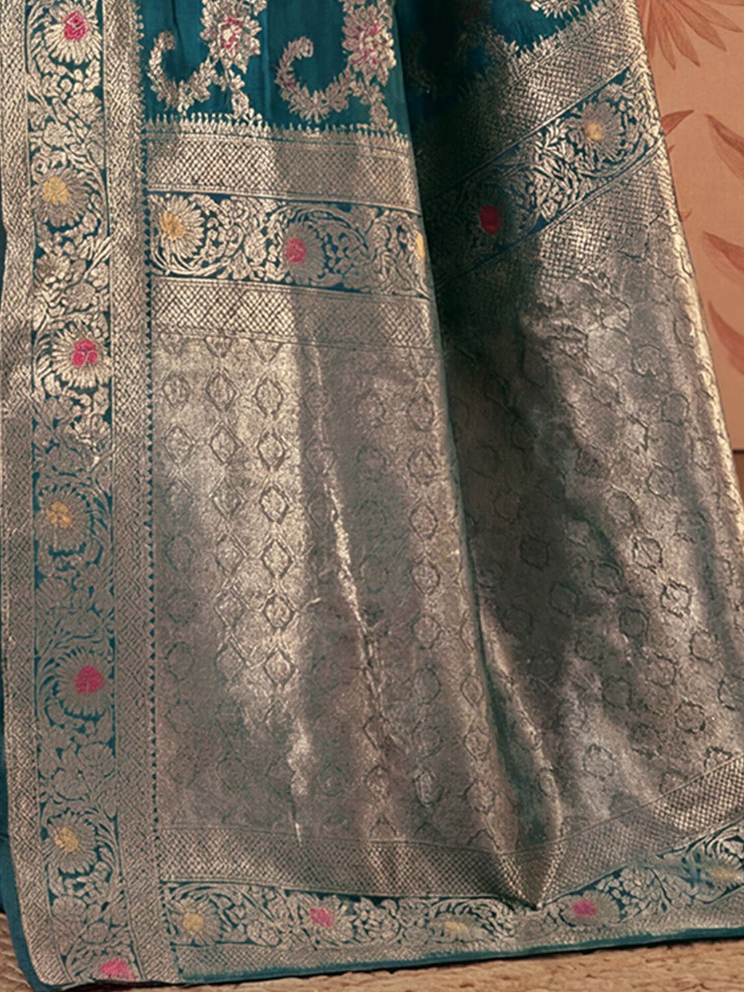 Teal Zari Woven Weaving Silk Saree with Unstitched Blouse