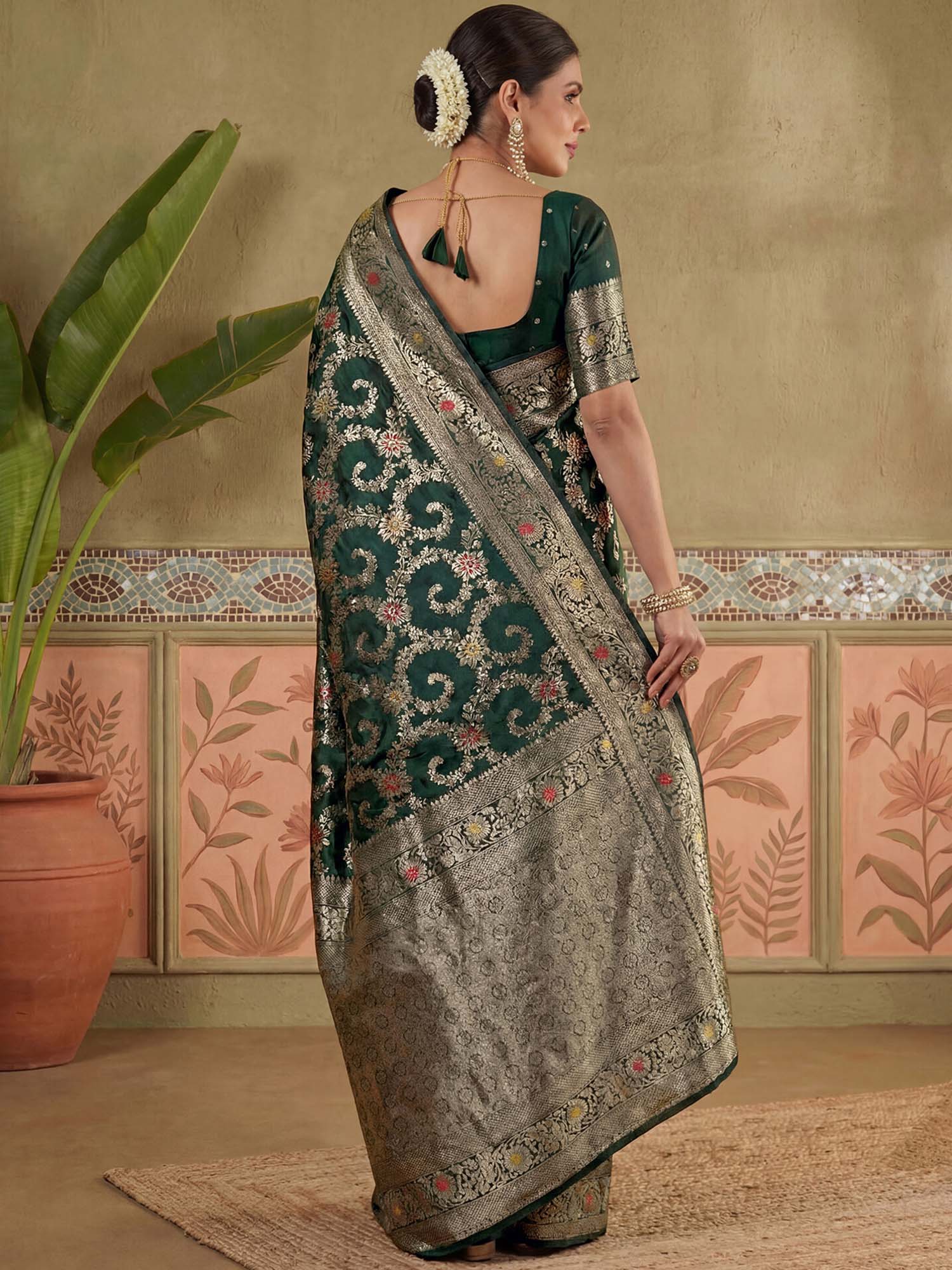 Green Zari Woven Weaving Silk Saree with Unstitched Blouse