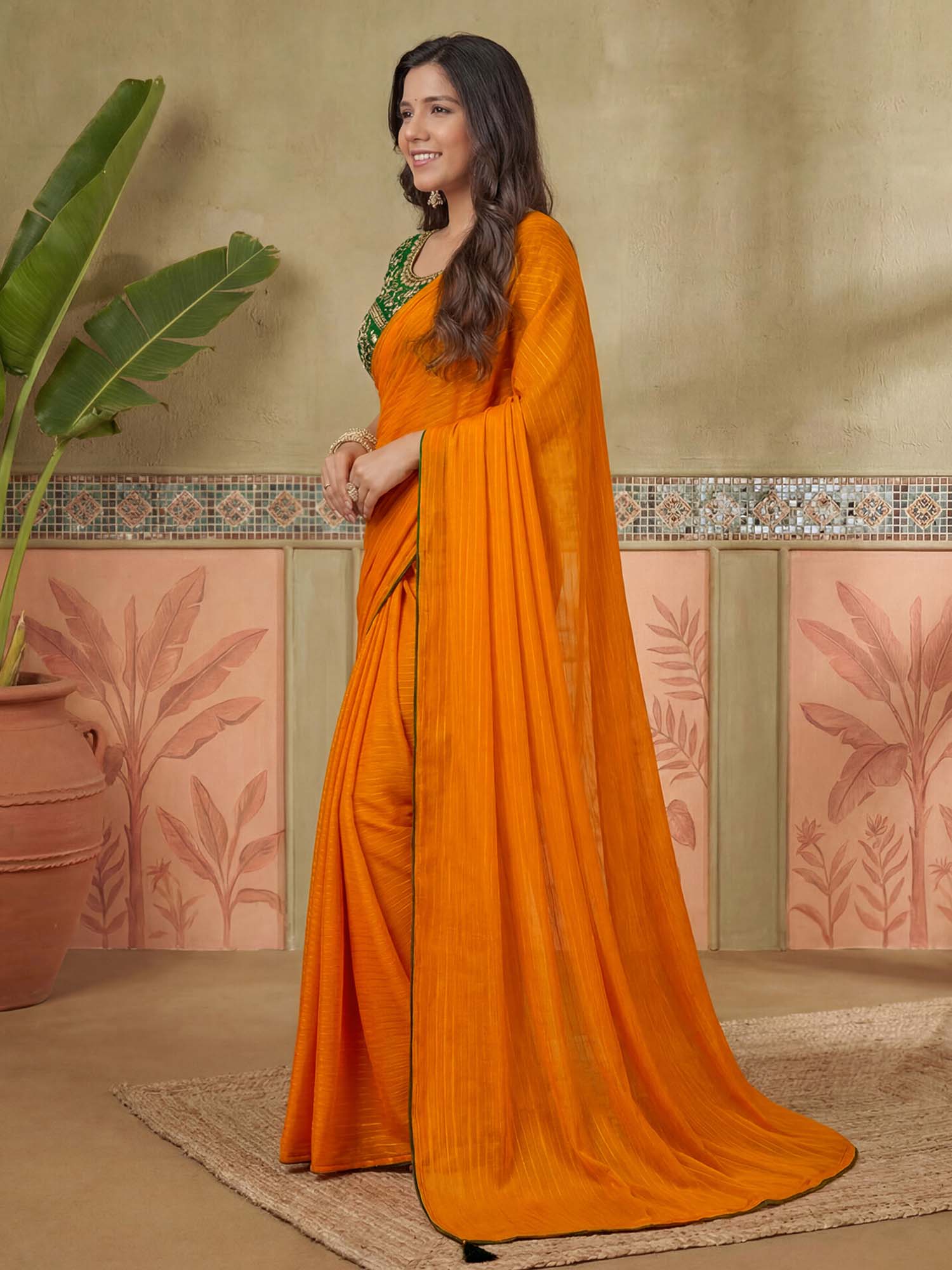 Orange Embroidered Stripes Georgette Saree with Unstitched Blouse