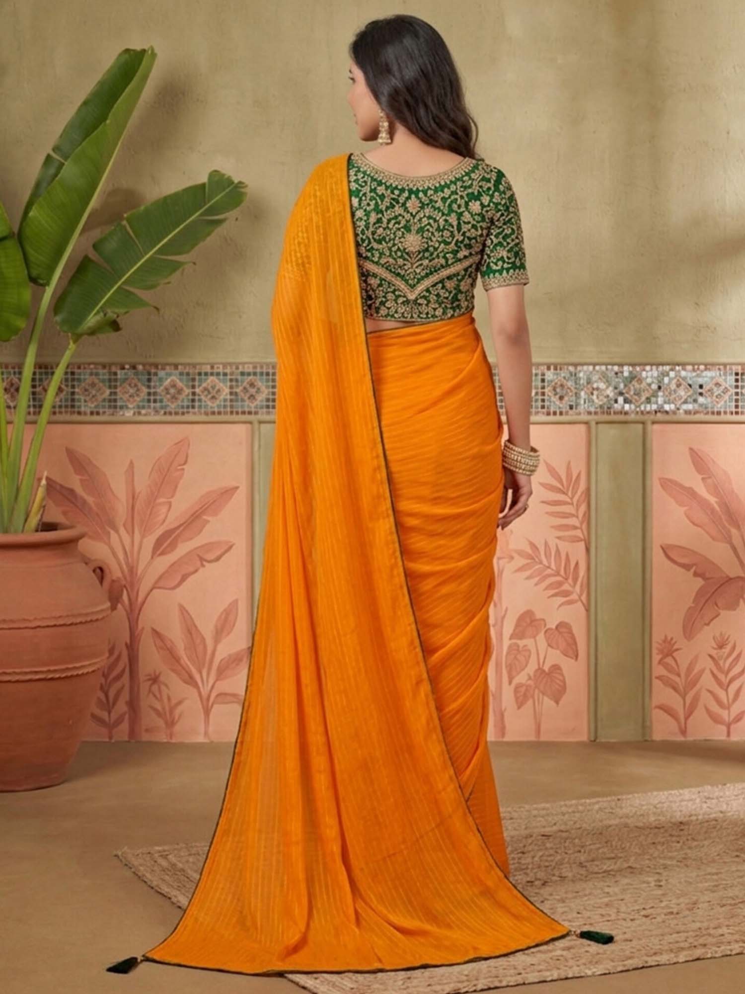Orange Embroidered Stripes Georgette Saree with Unstitched Blouse