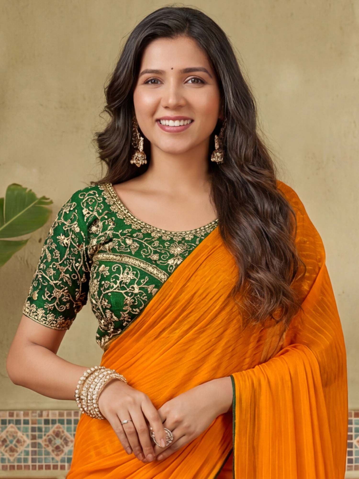 Orange Embroidered Stripes Georgette Saree with Unstitched Blouse