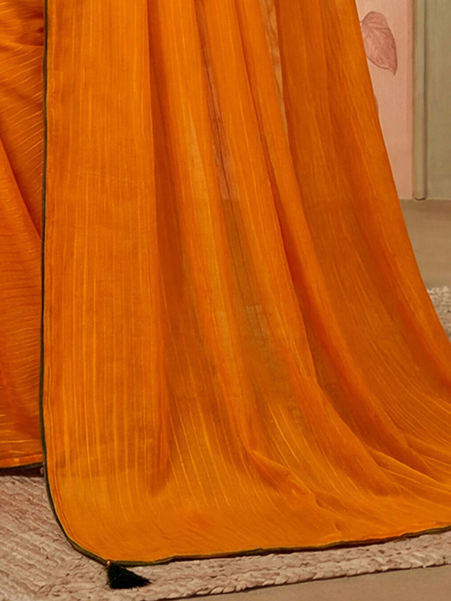 Orange Embroidered Stripes Georgette Saree with Unstitched Blouse