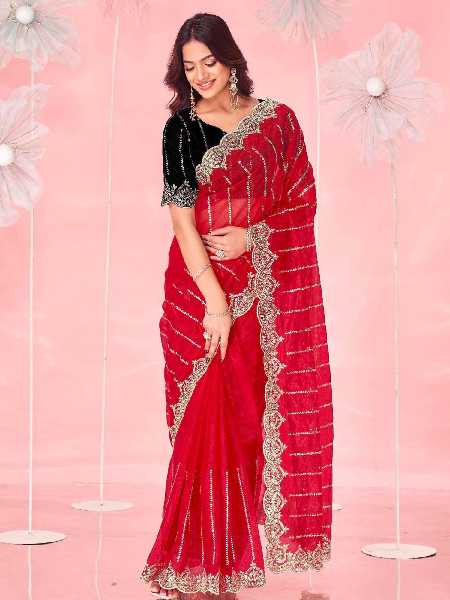 Red Sequined Embroidered Net Saree with Unstitched Blouse