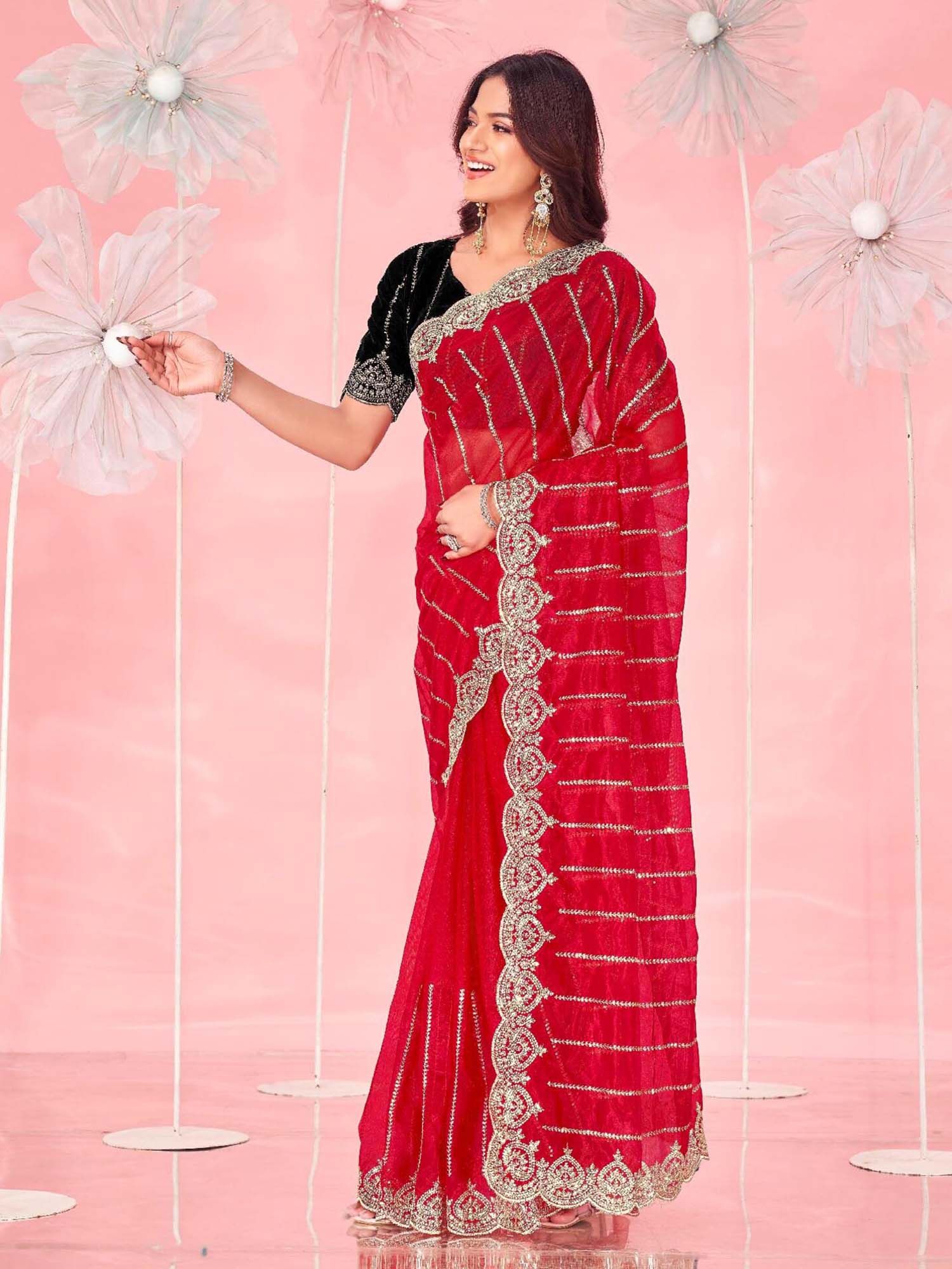 Red Sequined Embroidered Net Saree with Unstitched Blouse