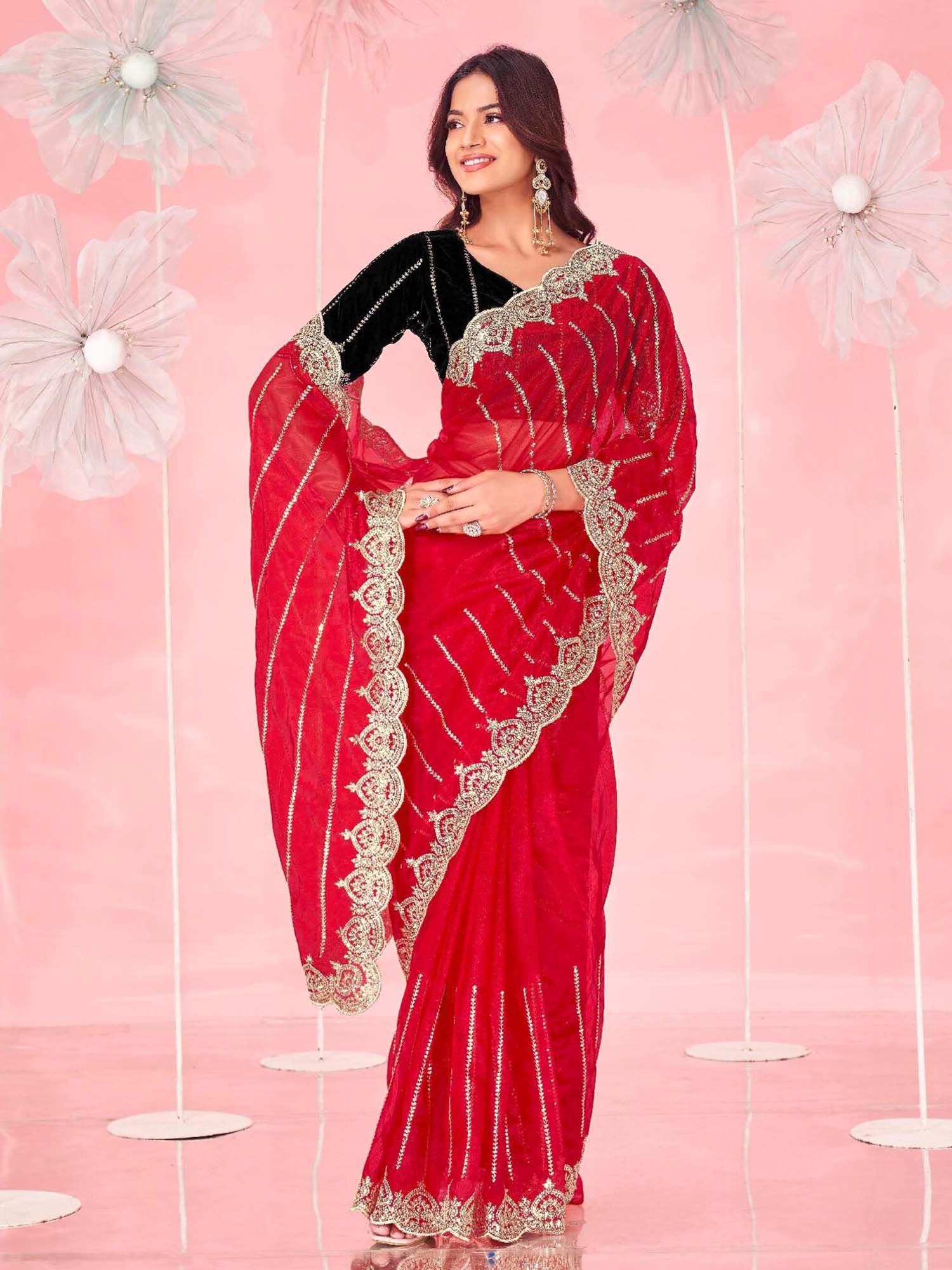 Red Sequined Embroidered Net Saree with Unstitched Blouse
