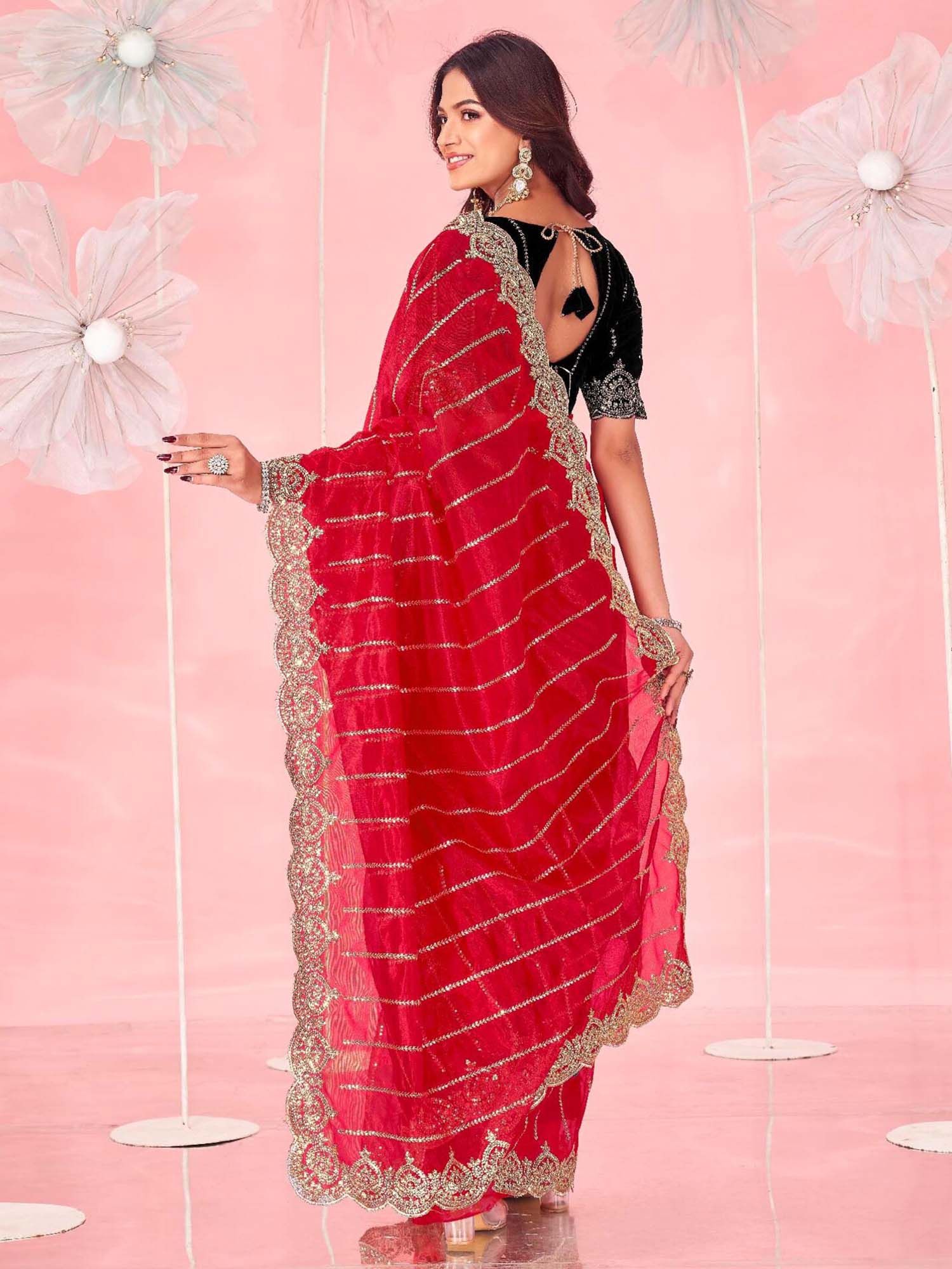 Red Sequined Embroidered Net Saree with Unstitched Blouse