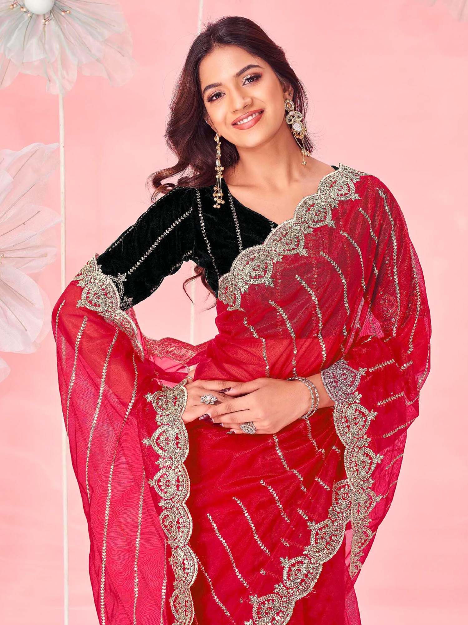 Red Sequined Embroidered Net Saree with Unstitched Blouse