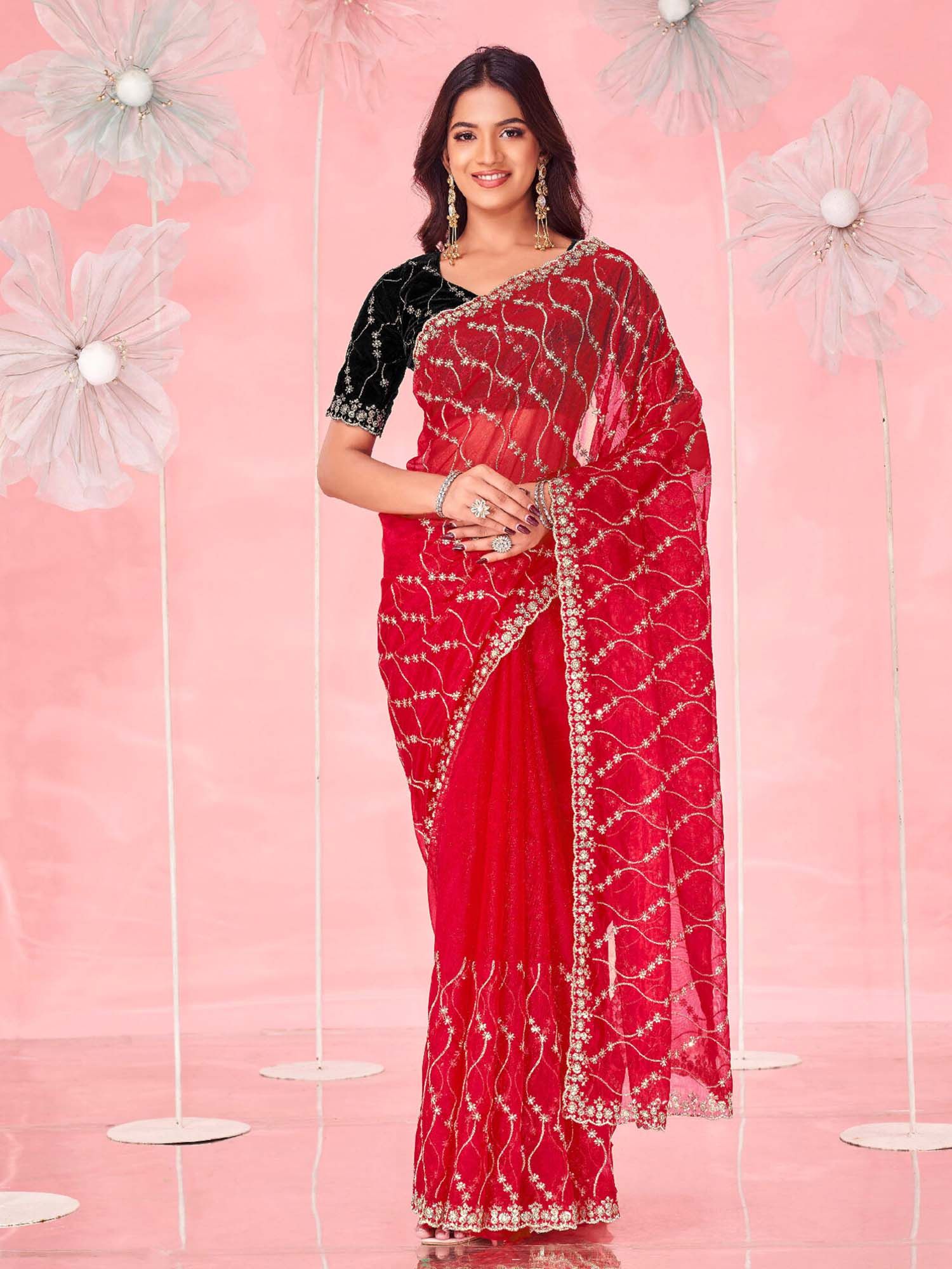 Red Sequined Embroidered Net Saree with Unstitched Blouse
