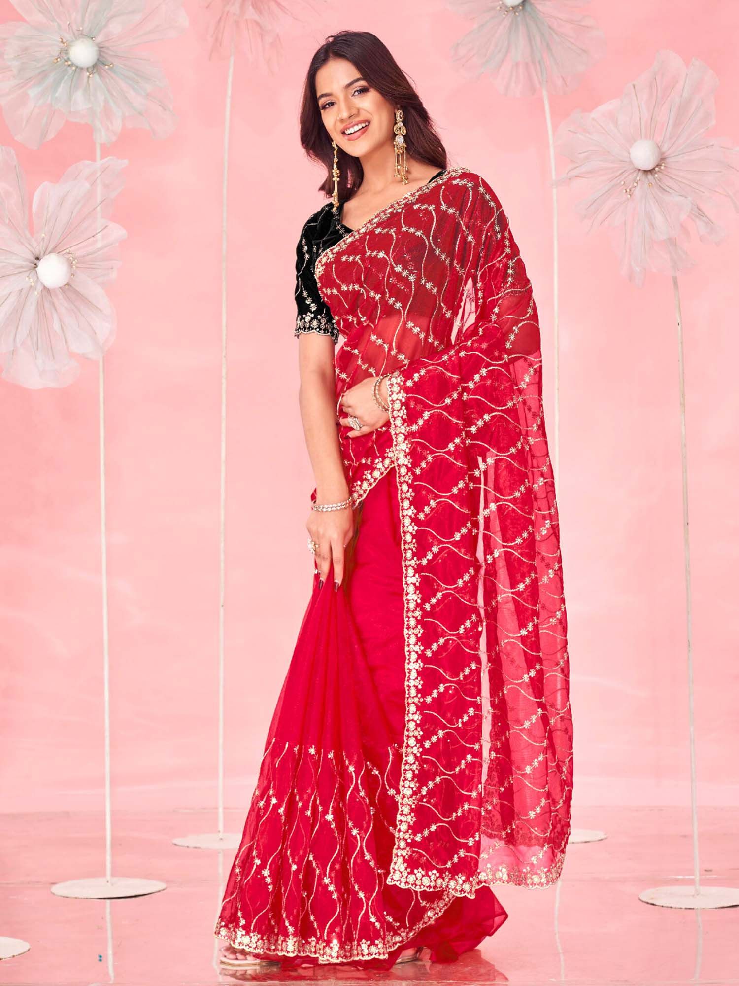Red Sequined Embroidered Net Saree with Unstitched Blouse