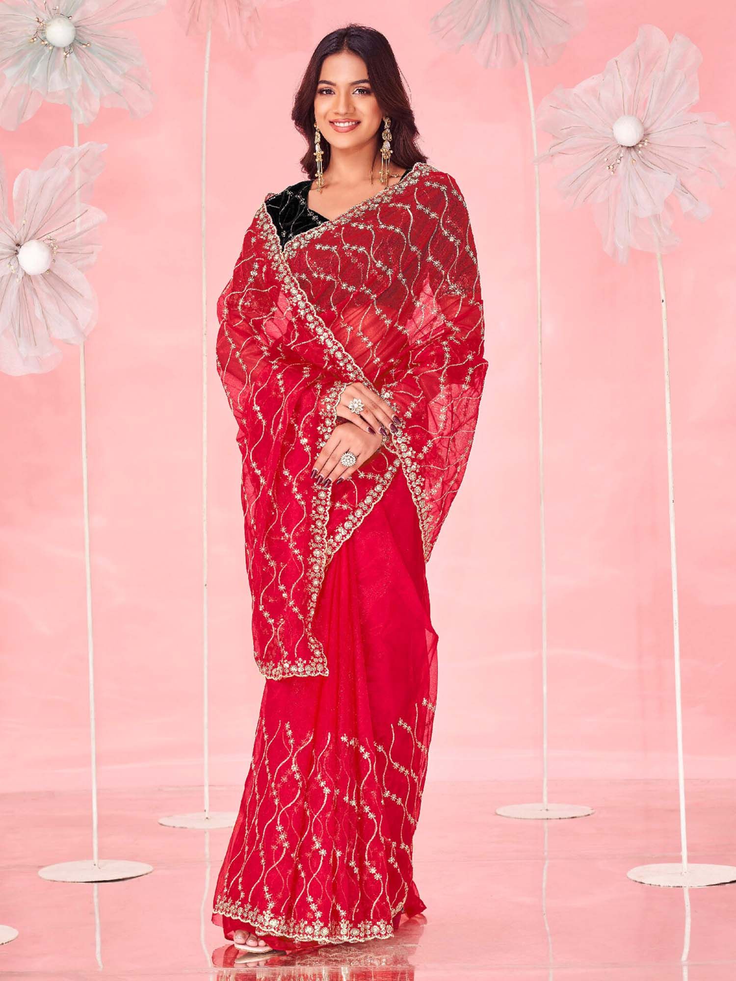Red Sequined Embroidered Net Saree with Unstitched Blouse