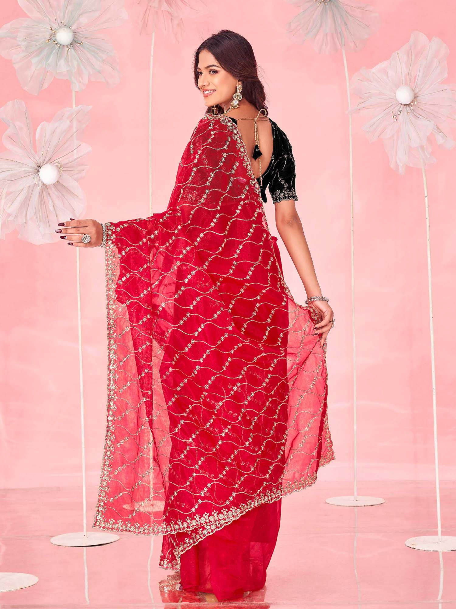 Red Sequined Embroidered Net Saree with Unstitched Blouse