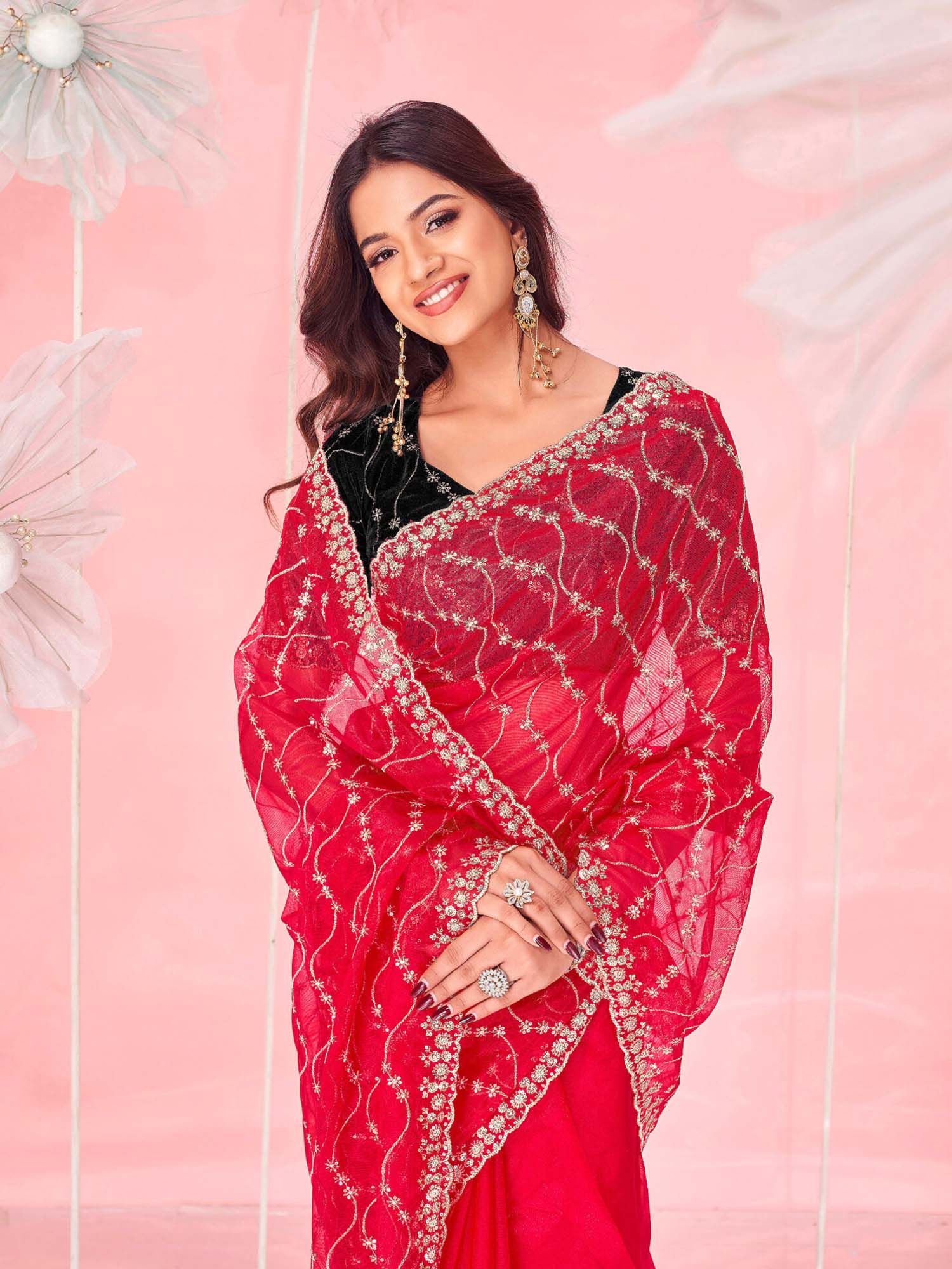 Red Sequined Embroidered Net Saree with Unstitched Blouse