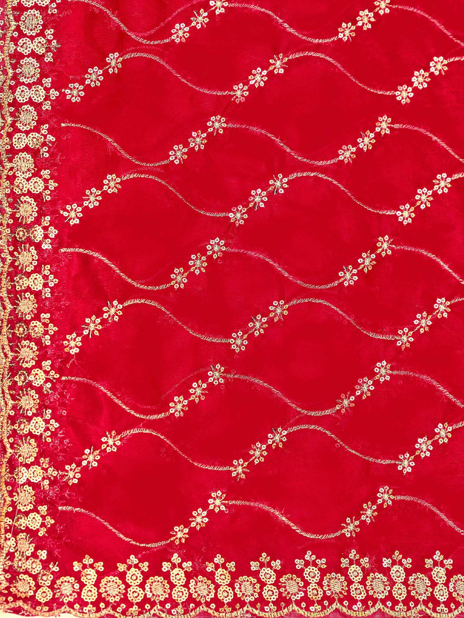 Red Sequined Embroidered Net Saree with Unstitched Blouse