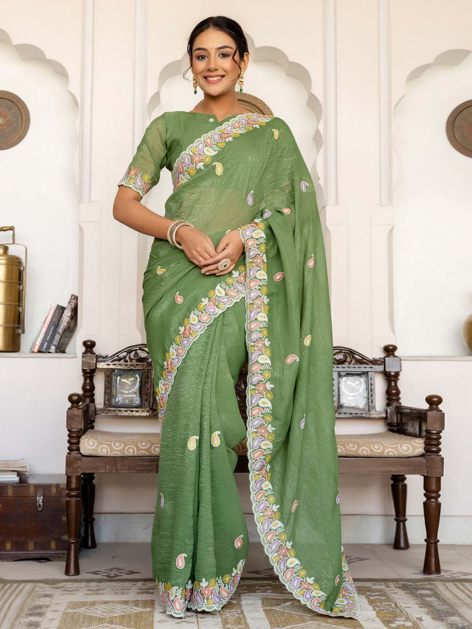 Olive Embroidered Scalloped Border Shimmer Chiffon Saree with Unstitched Blouse