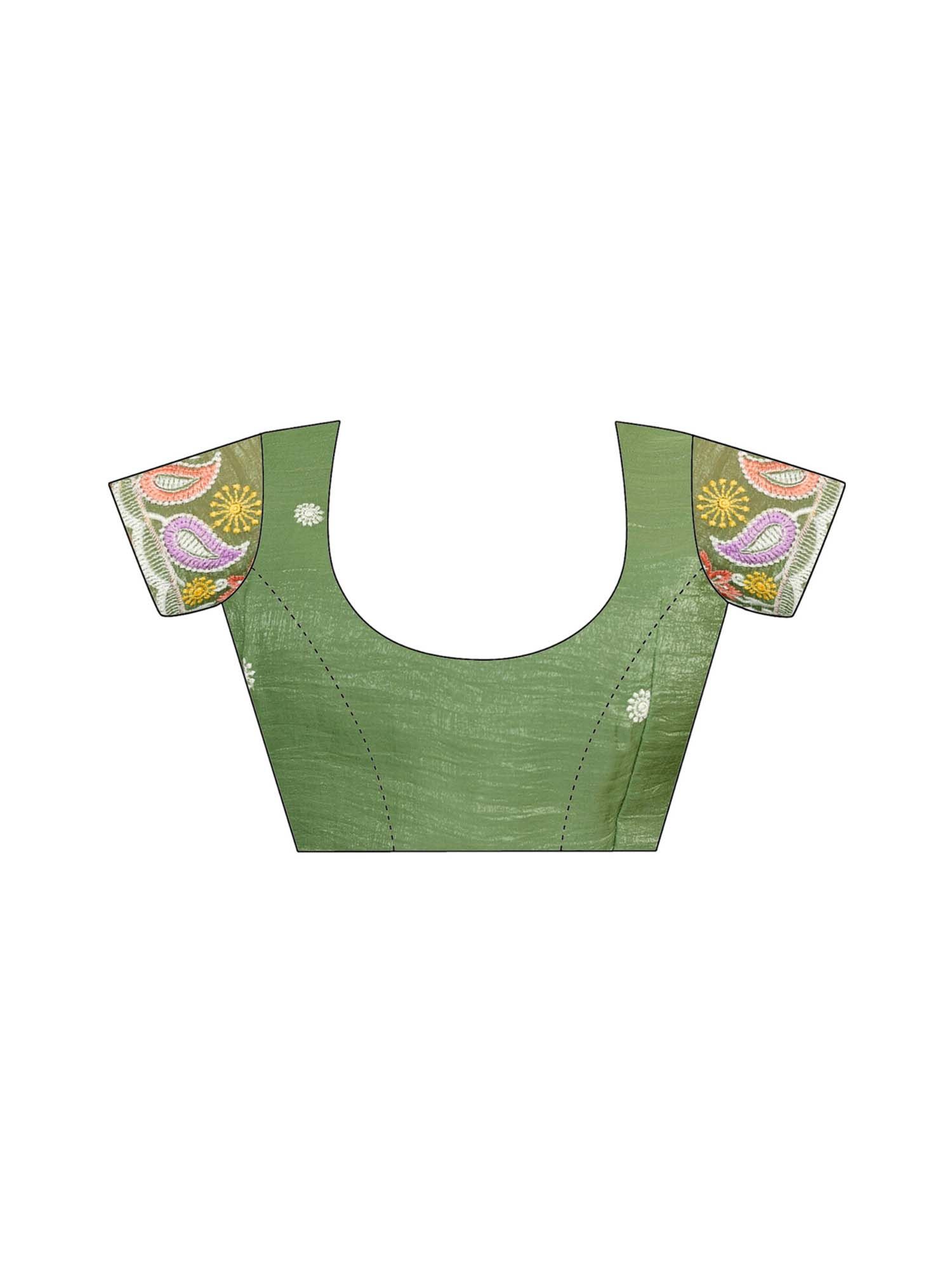 Olive Embroidered Scalloped Border Shimmer Chiffon Saree with Unstitched Blouse