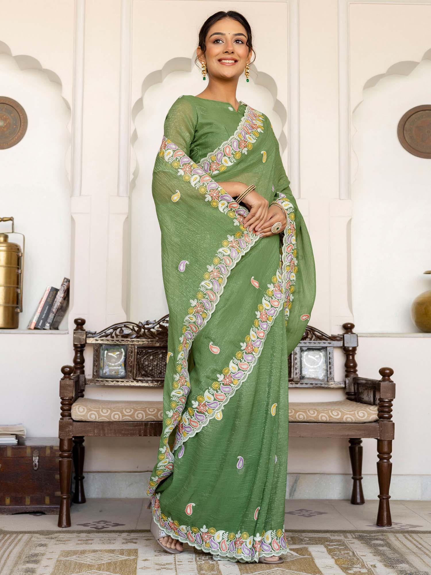 Olive Embroidered Scalloped Border Shimmer Chiffon Saree with Unstitched Blouse
