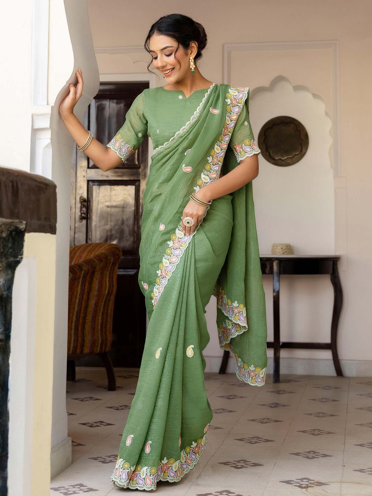 Olive Embroidered Scalloped Border Shimmer Chiffon Saree with Unstitched Blouse