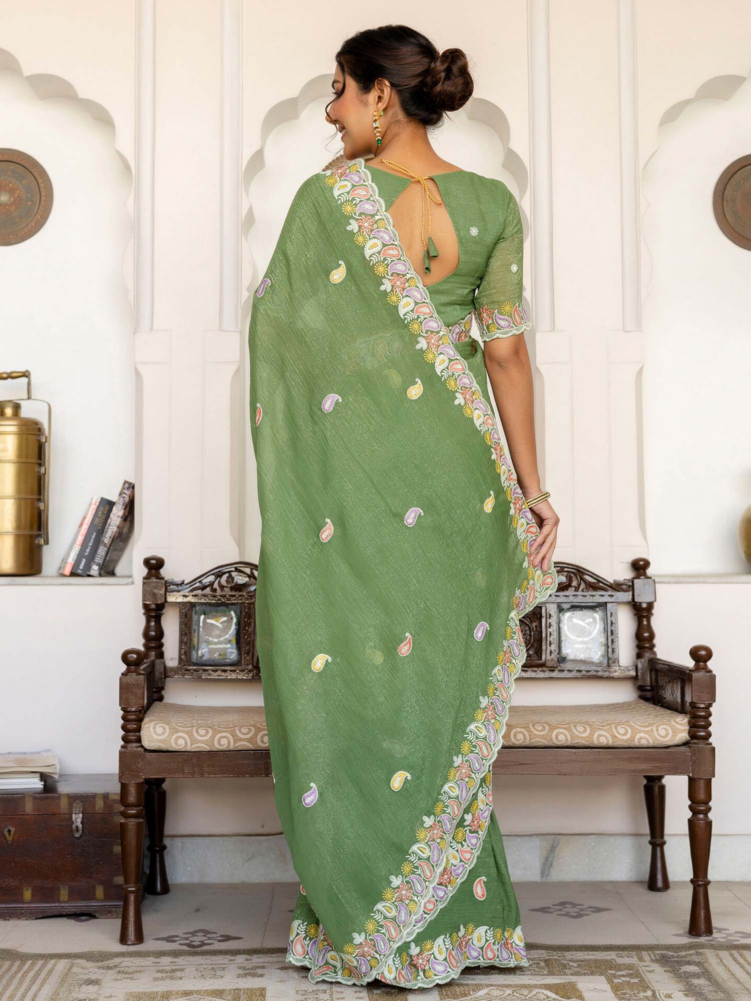 Olive Embroidered Scalloped Border Shimmer Chiffon Saree with Unstitched Blouse