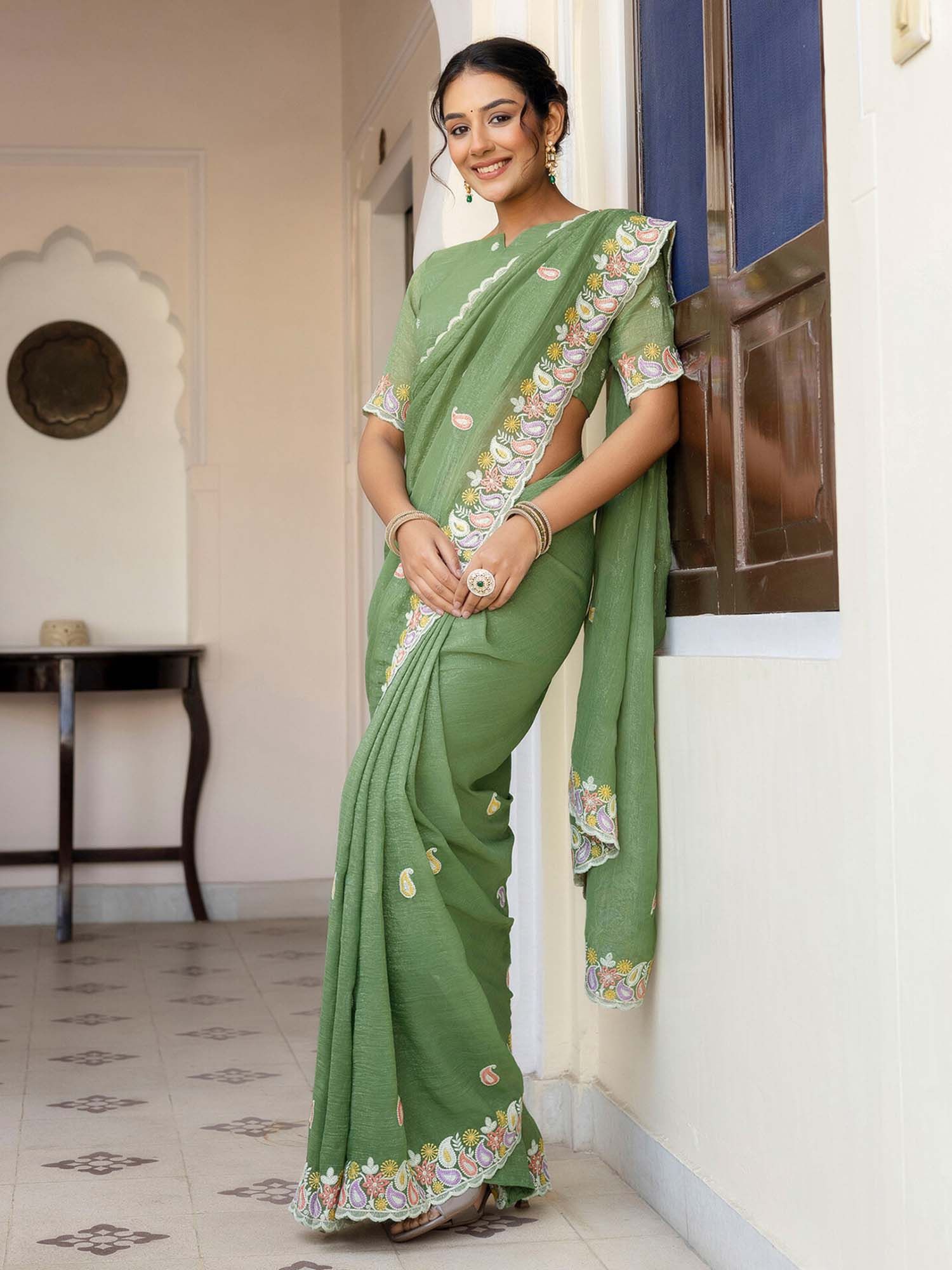 Olive Embroidered Scalloped Border Shimmer Chiffon Saree with Unstitched Blouse