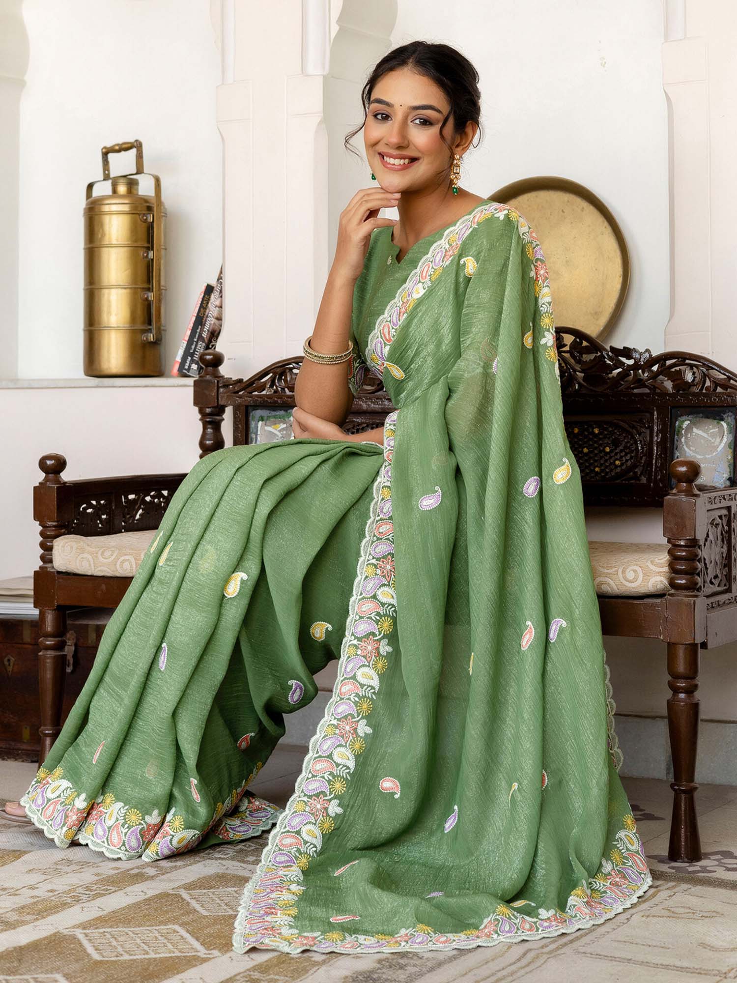 Olive Embroidered Scalloped Border Shimmer Chiffon Saree with Unstitched Blouse