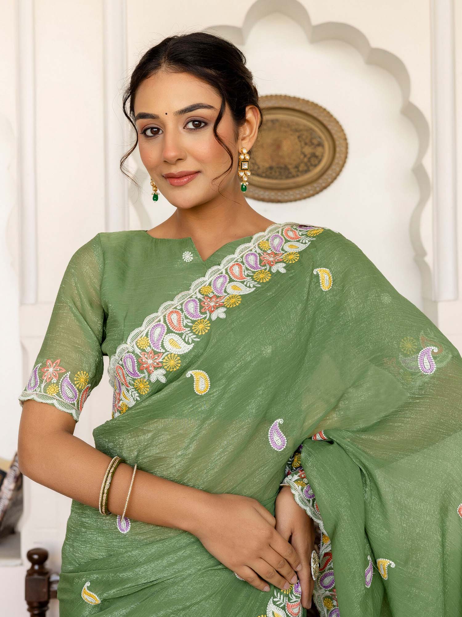 Olive Embroidered Scalloped Border Shimmer Chiffon Saree with Unstitched Blouse