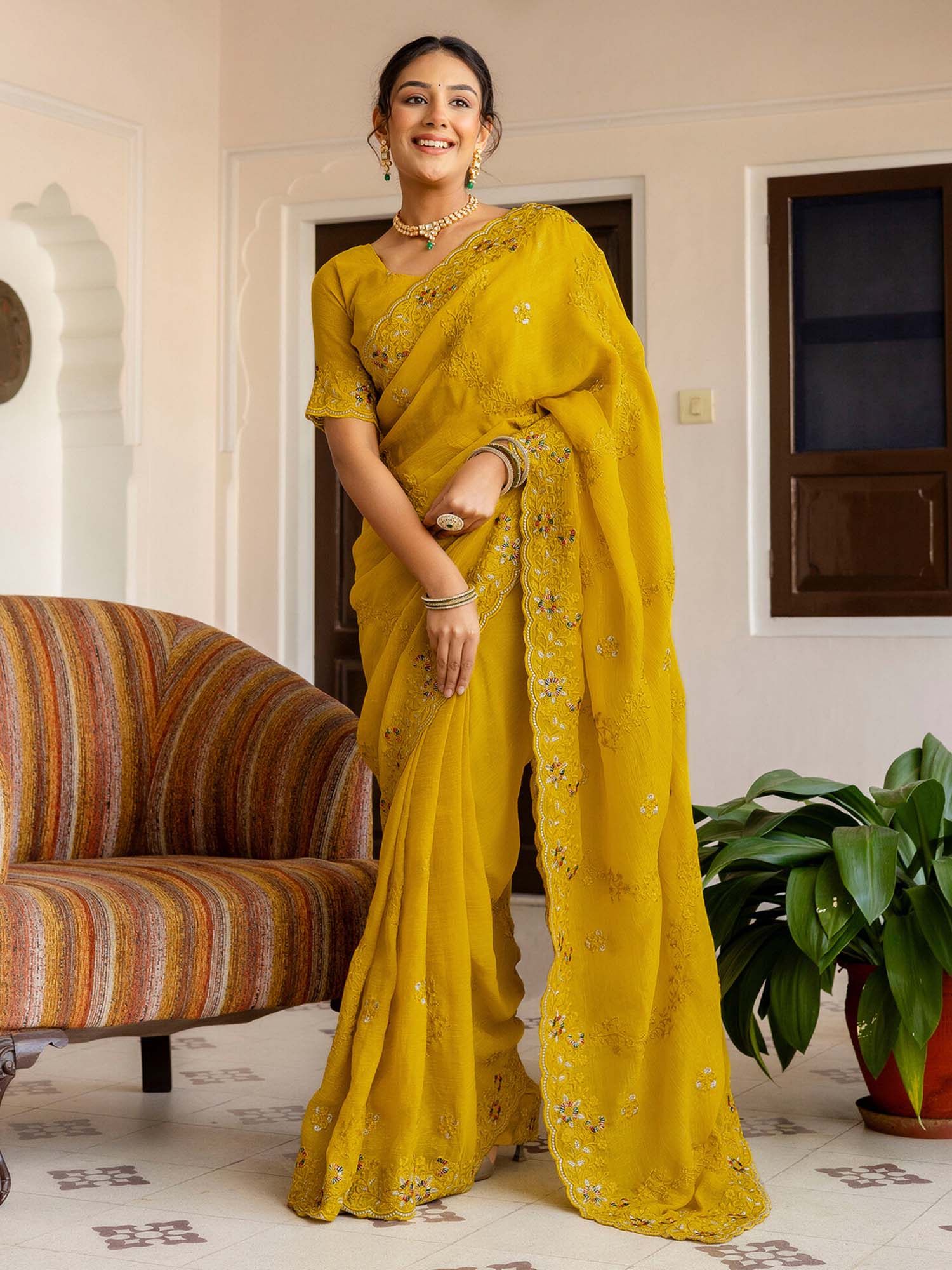 Yellow Embroidered Scalloped Border Chiffon Saree with Unstitched Blouse