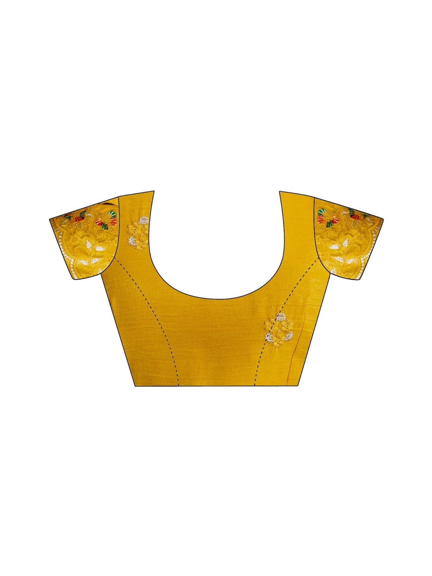 Yellow Embroidered Scalloped Border Chiffon Saree with Unstitched Blouse