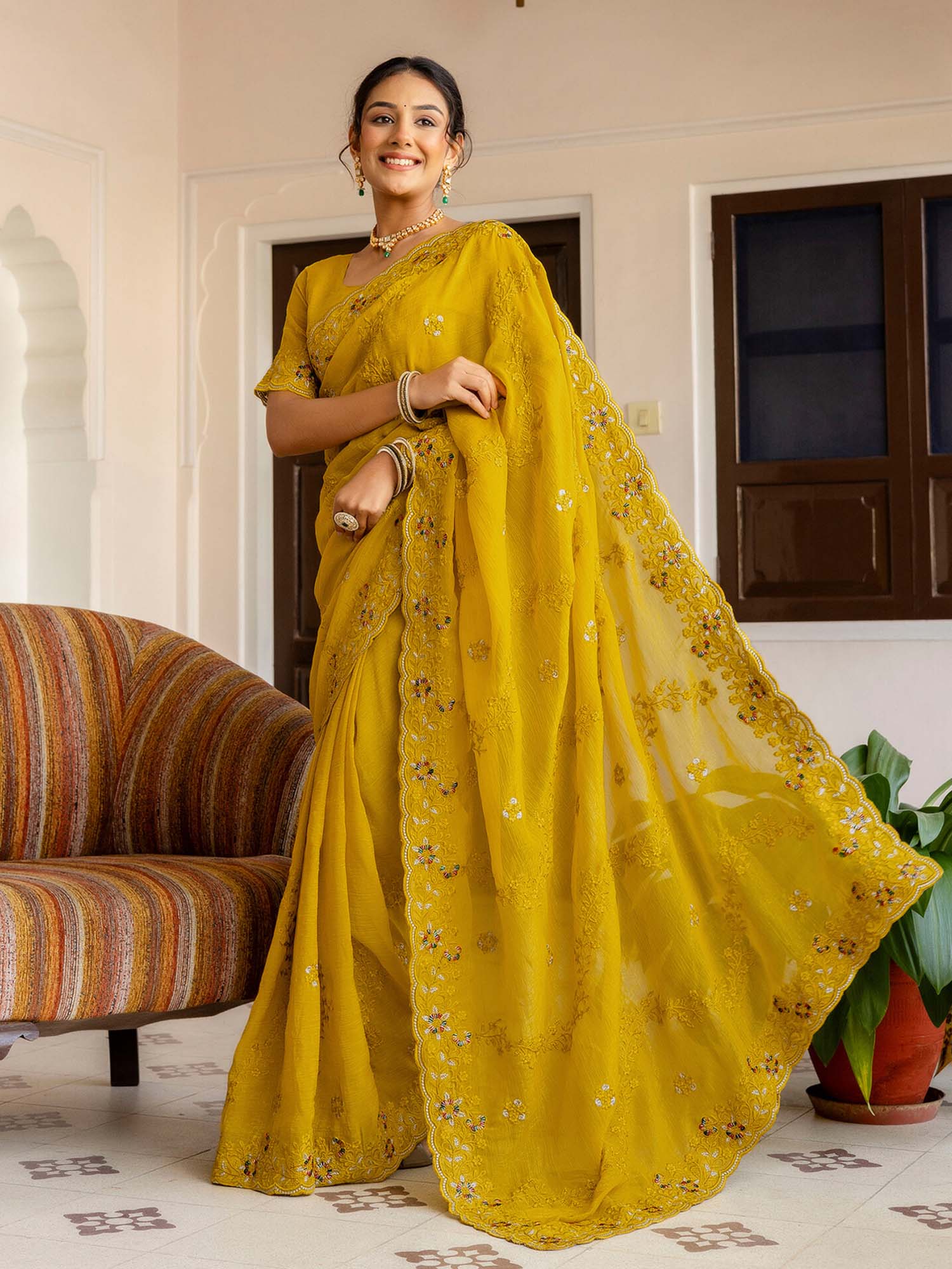 Yellow Embroidered Scalloped Border Chiffon Saree with Unstitched Blouse